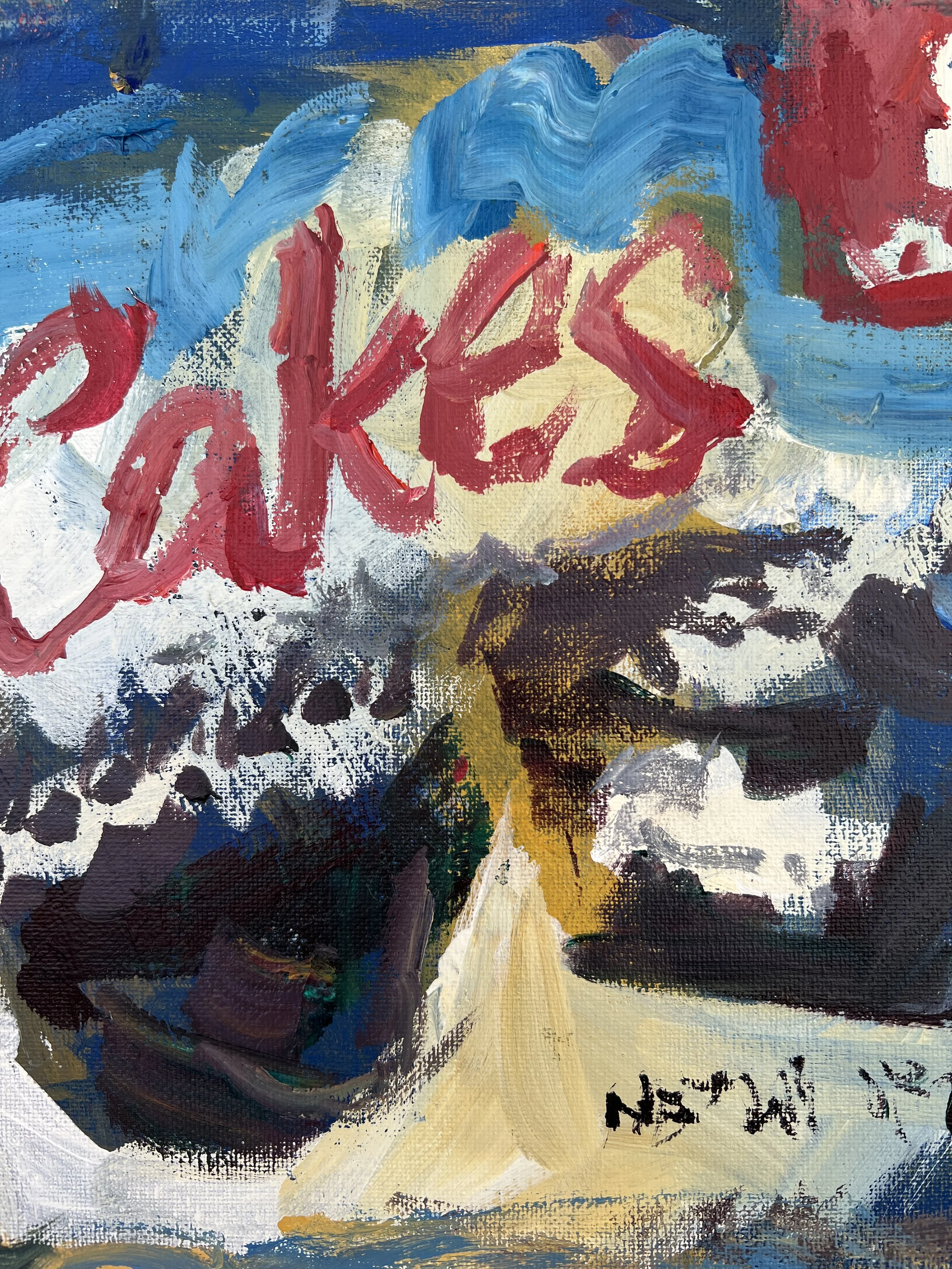 Bold expressive painting of Hostess Cupcakes orange box with chocolate cupcakes and white squiggle, acrylics on 16x20 canvas - close up 4