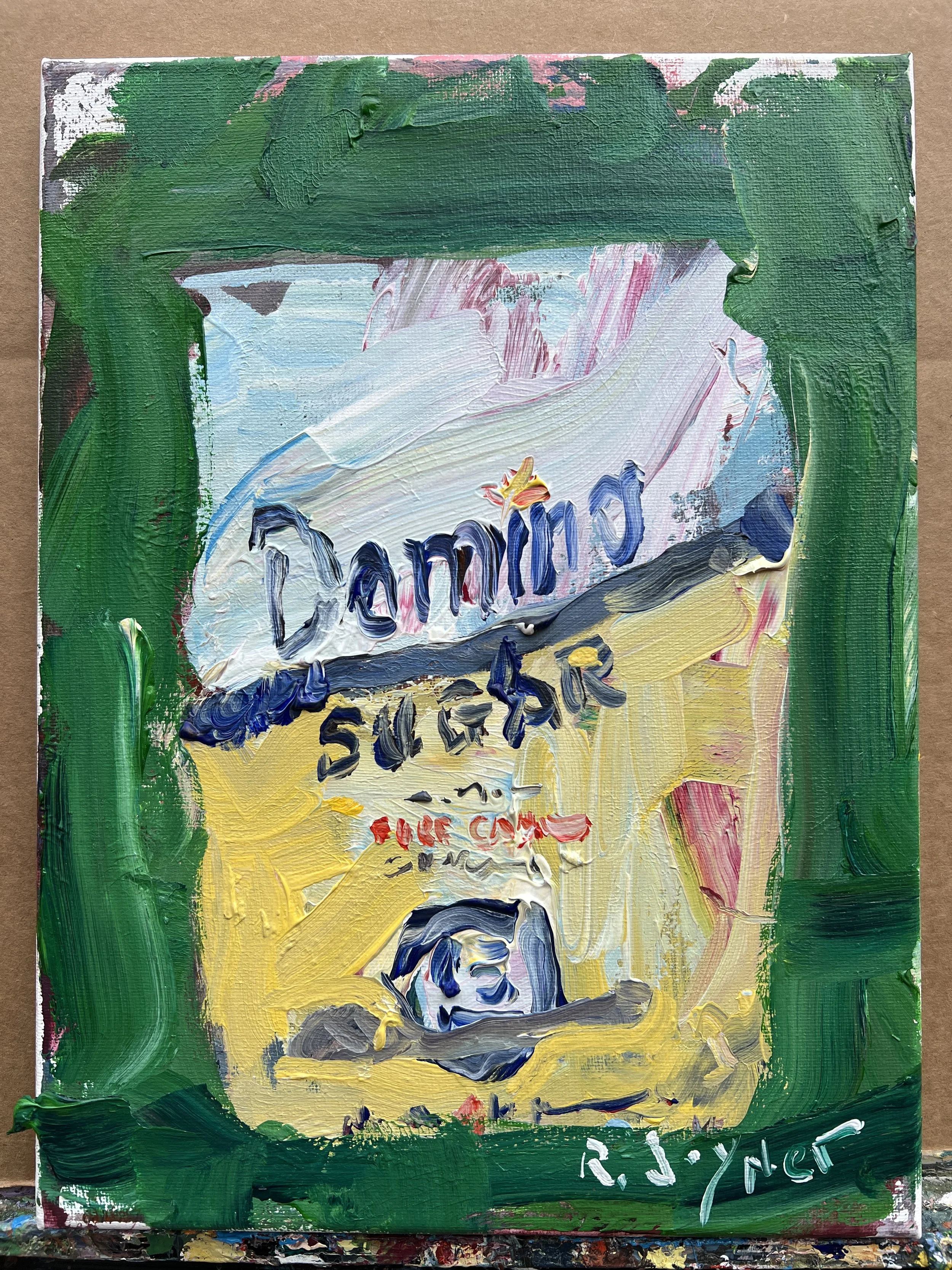 Bold expressive painting of Domino sugar yellow bag with blue script lettering in vibrant greens, acrylics on 12x9 canvas - kitchen wall art shows all edges