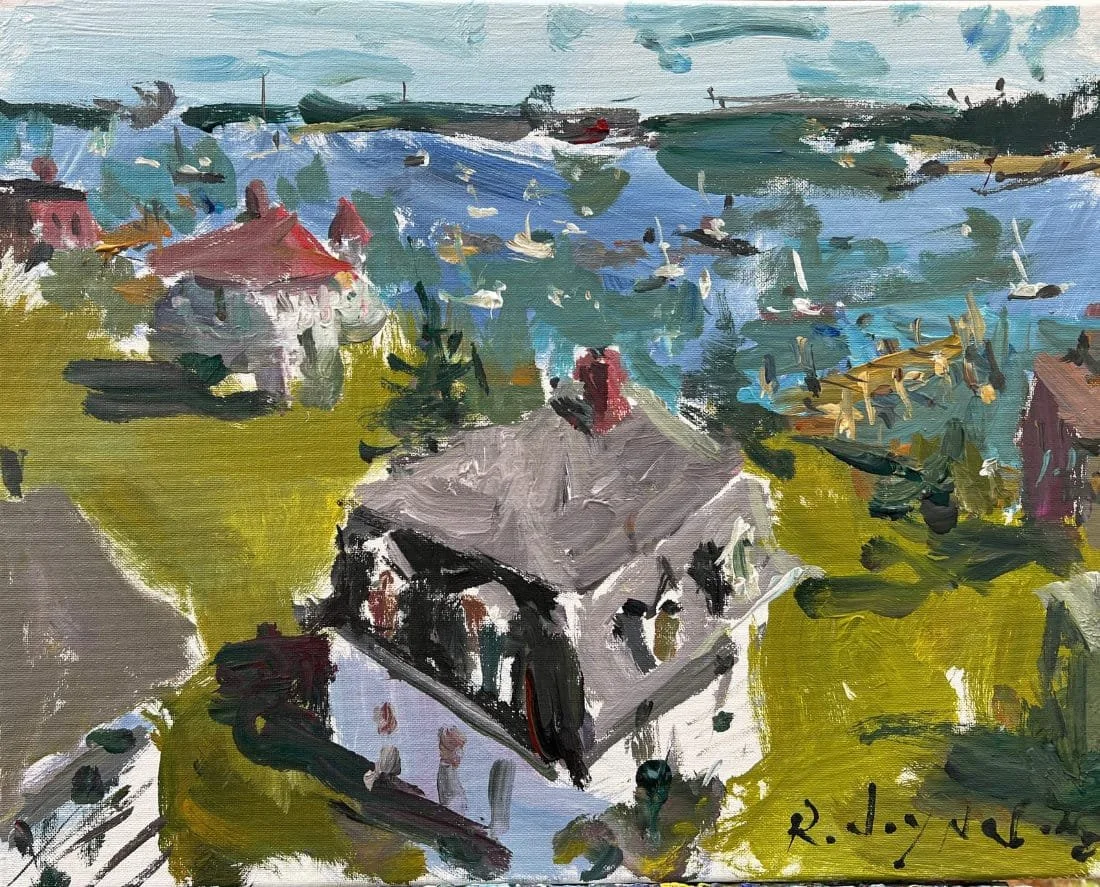 Loose expressive painting of a fish house with boats and reflections in the water.