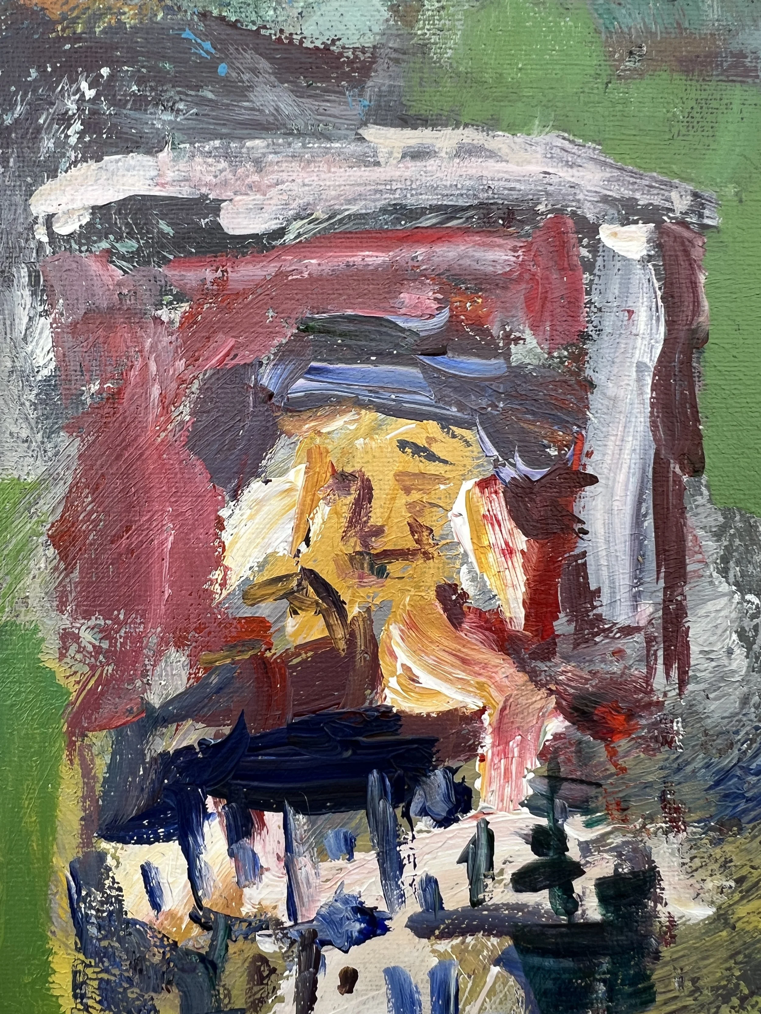 Detail view of Bold expressive painting of Quaker Oats box
