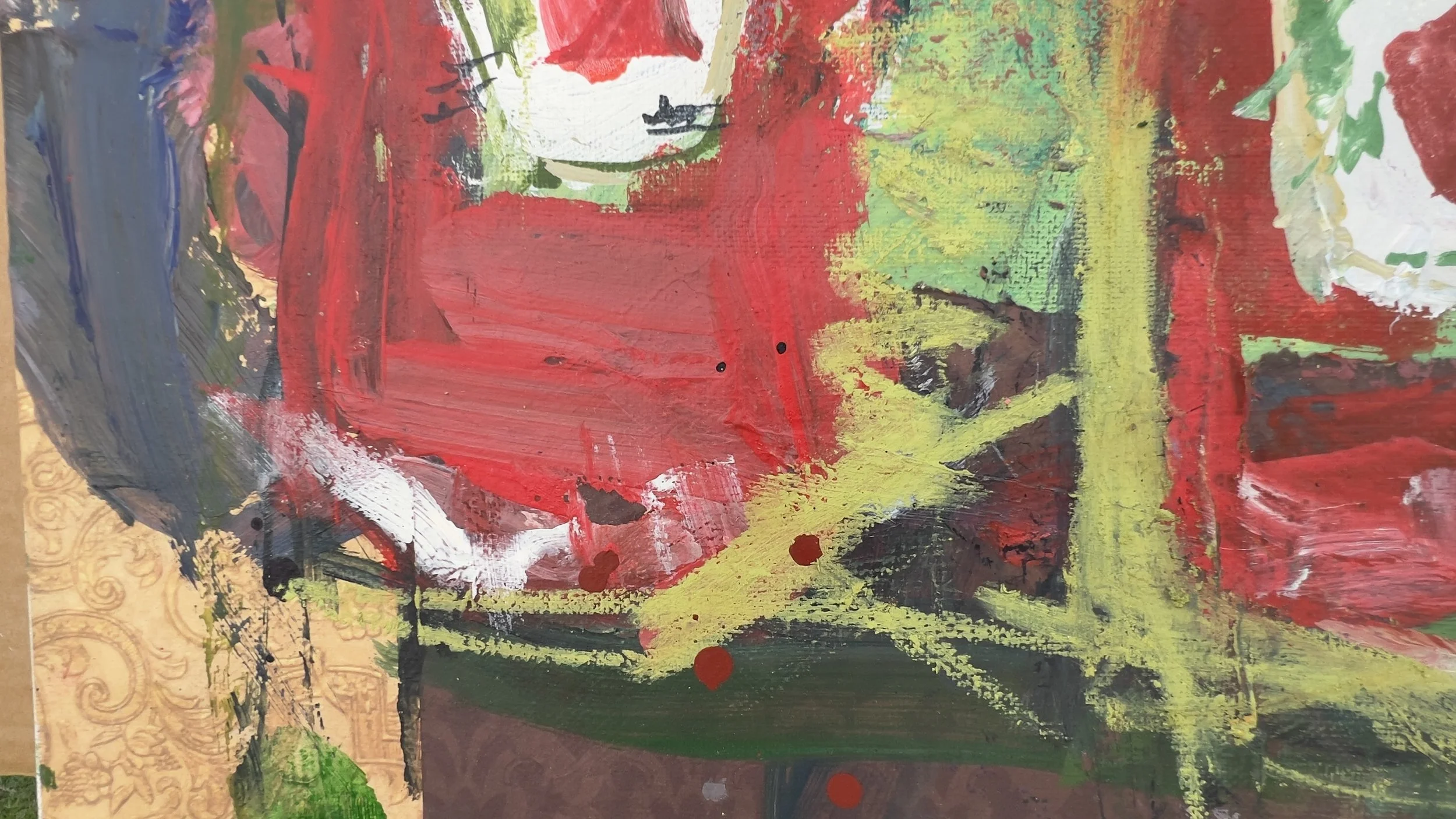 Three ketchup bottles in an expressive mixed media and collage painting by Robert Joyner