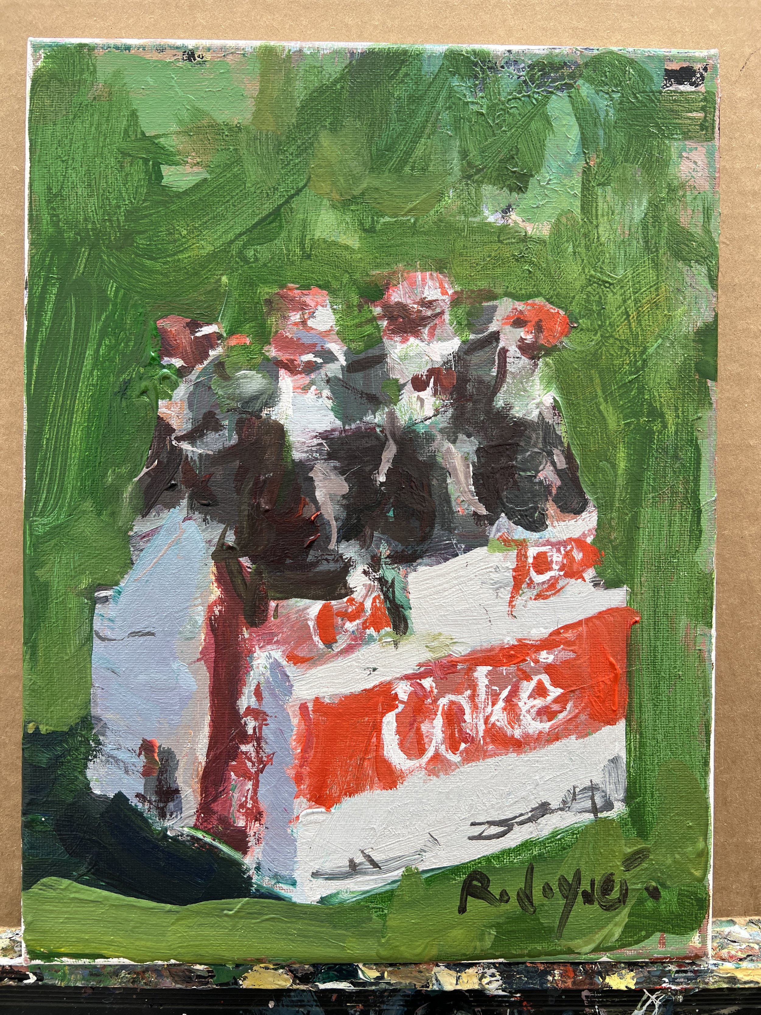 Loose expressive acrylic painting of a Diet Coke 6-pack of glass bottles with silver and red details — original kitchen wall art shows all edges