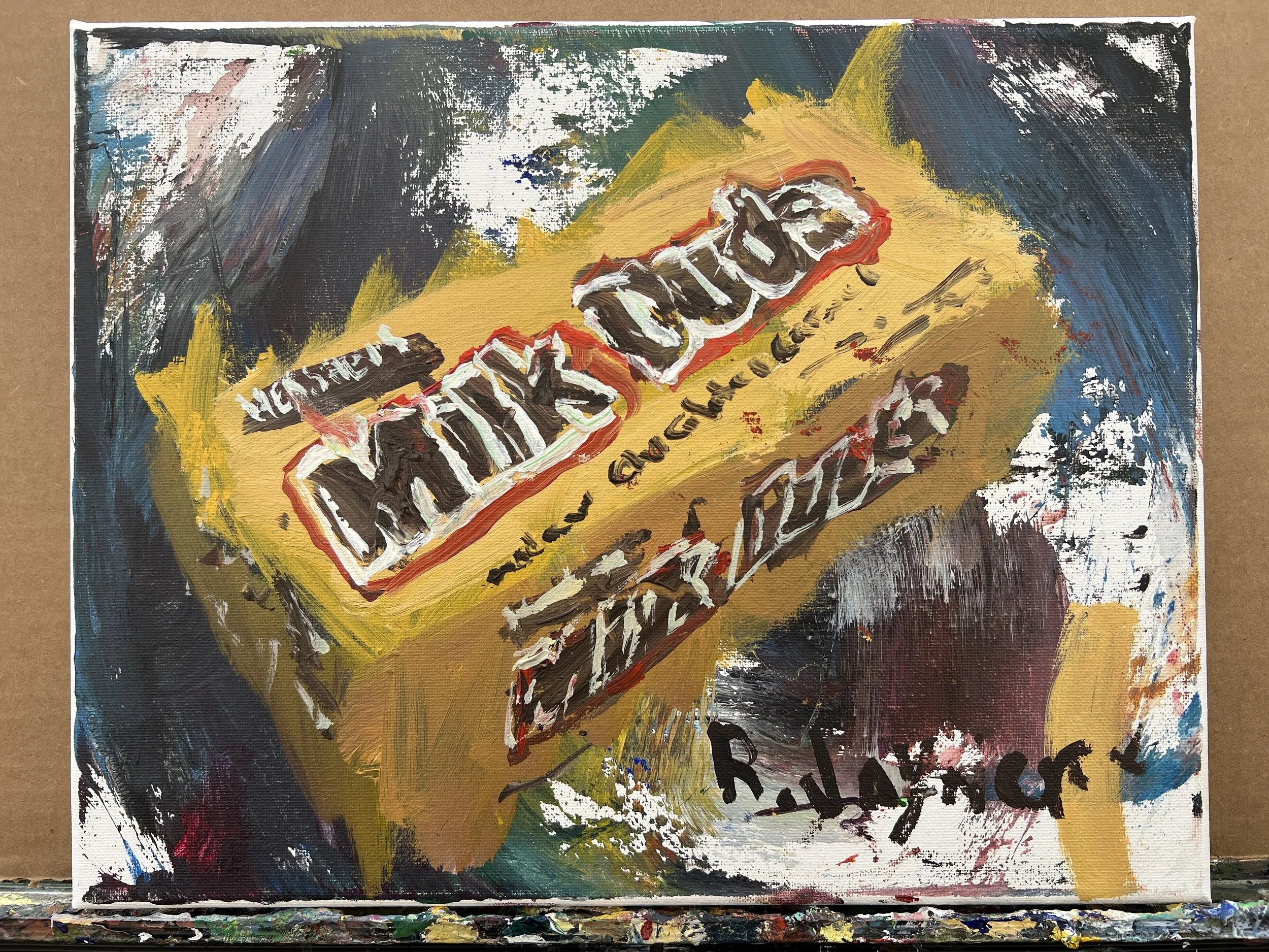 Bold expressive painting of Milk Duds yellow candy box with red and brown lettering, acrylics on 11x14 canvas - kitchen wall art shows all edges