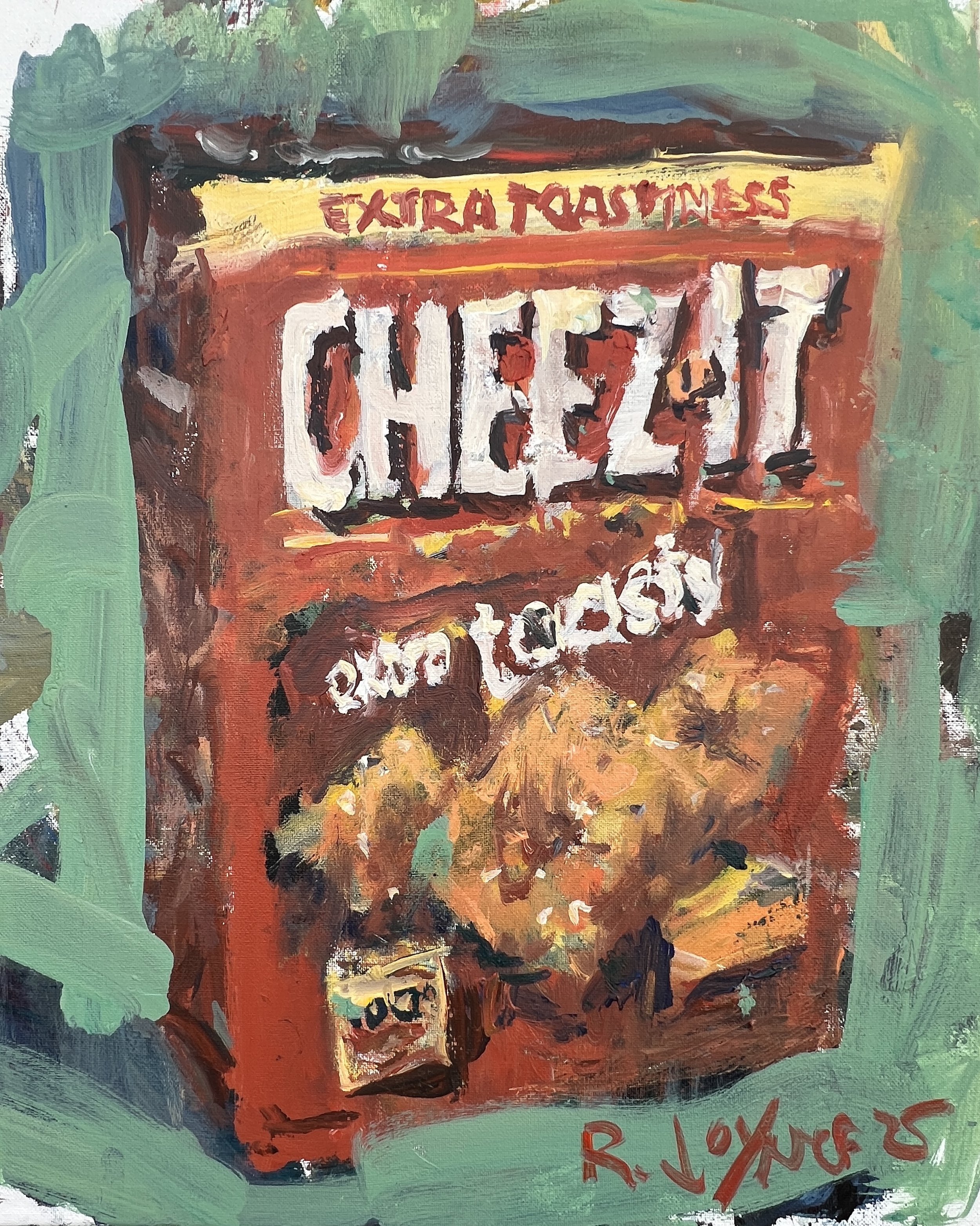 Loose expressive acrylic painting of Cheez-It Extra Toastiness box with bold lettering and warm toasted tones on a 20x16 canvas, original kitchen wall art
