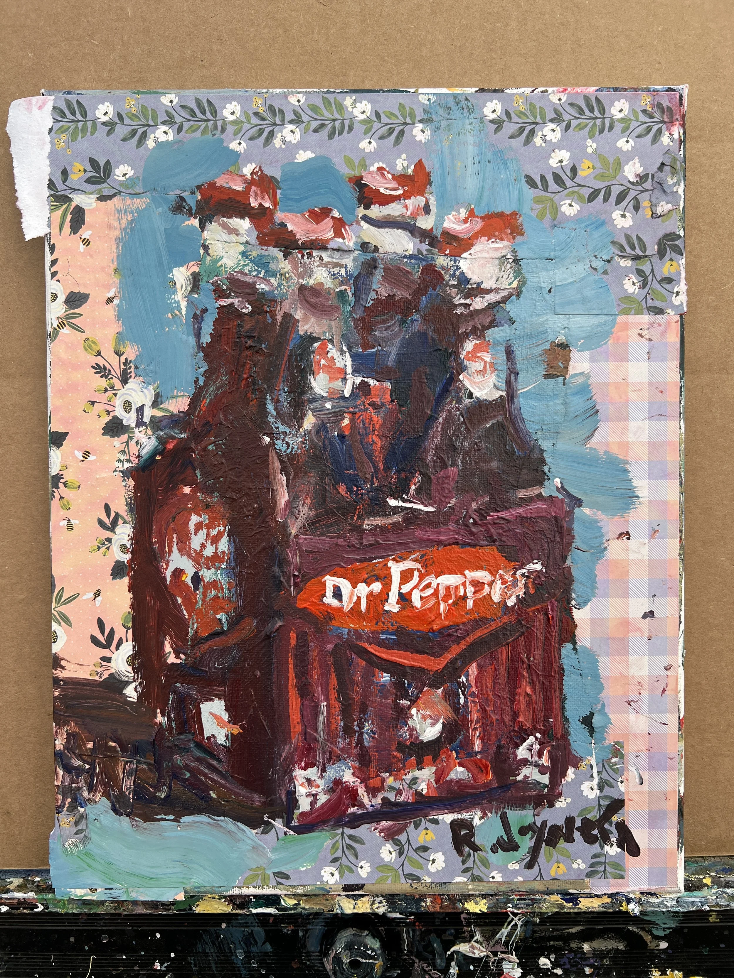 Loose expressive original painting of Dr Pepper 4-pack soda cans in maroon with hand-collaged floral border on canvas - kitchen wall art shows all edges