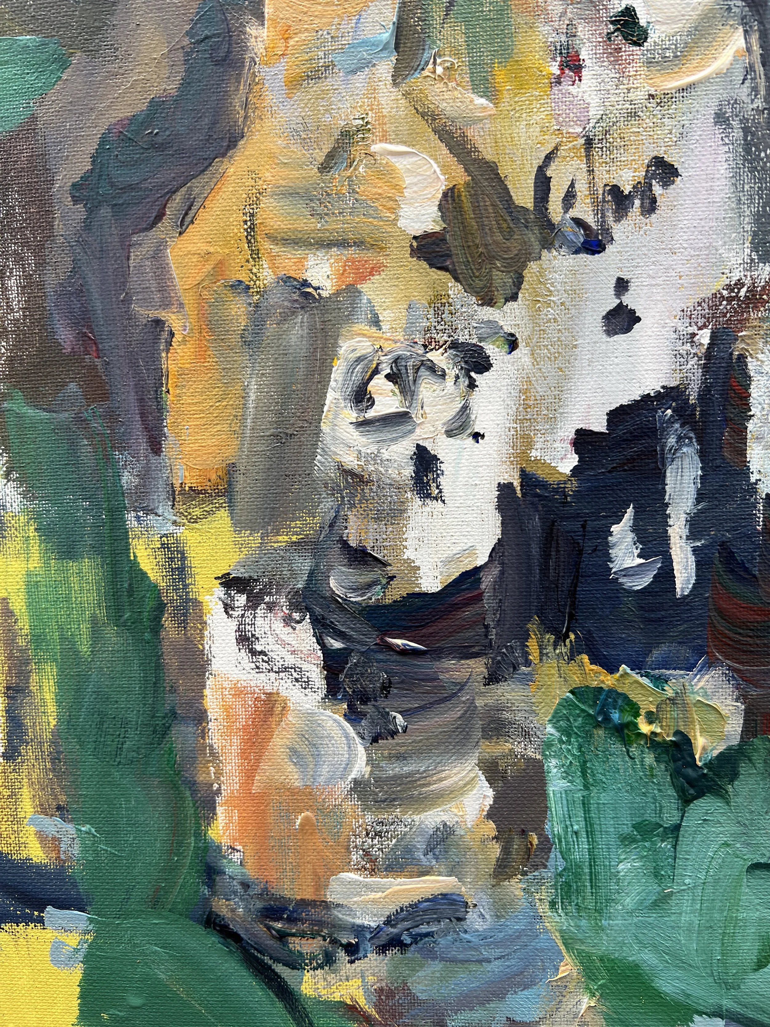 Bold expressive painting of three Corona beer bottles with lime wedges, acrylics on 20x16 canvas - close up 3