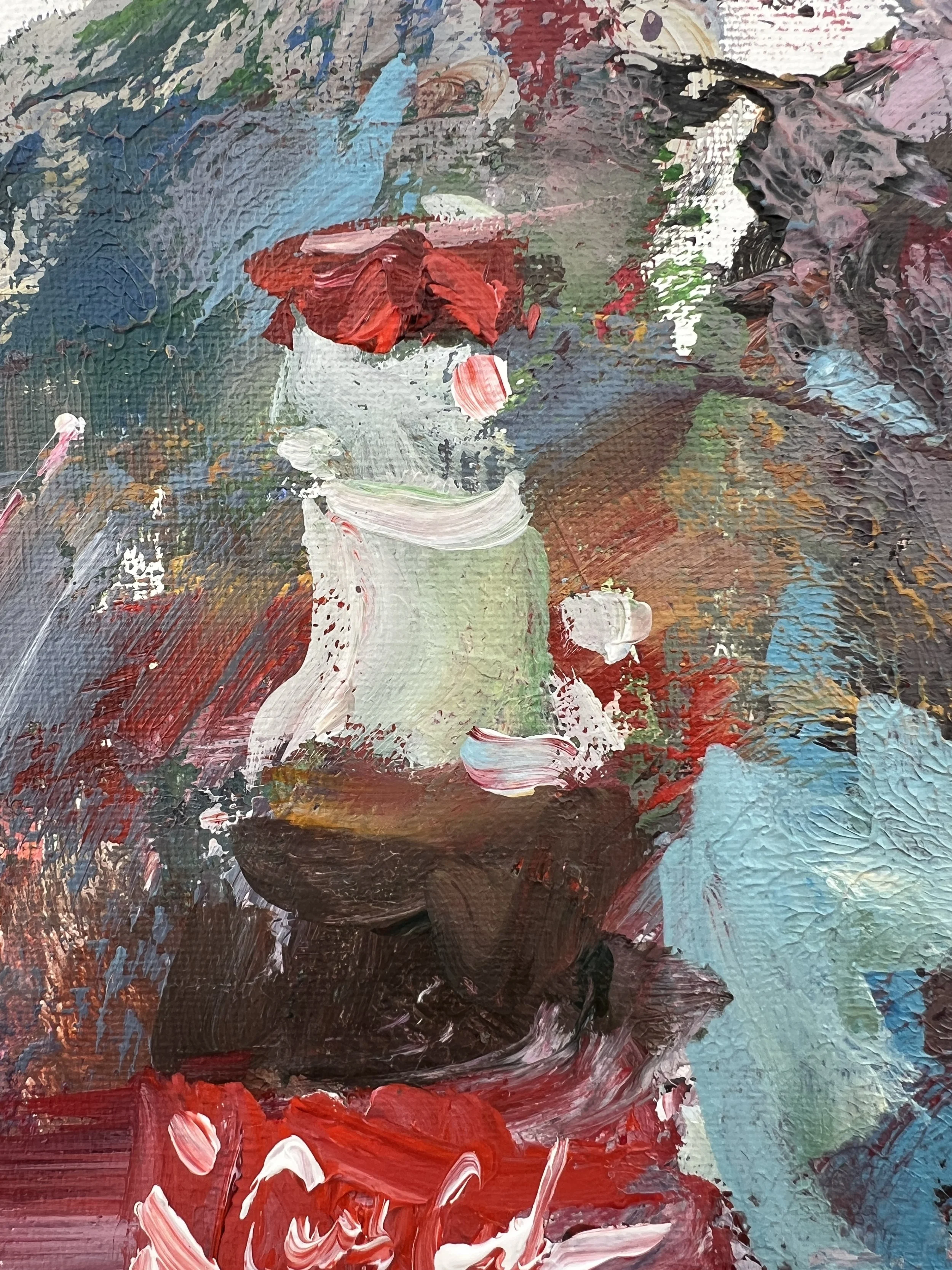 Detail view of Bold expressive painting of Coca-Cola glass bottle