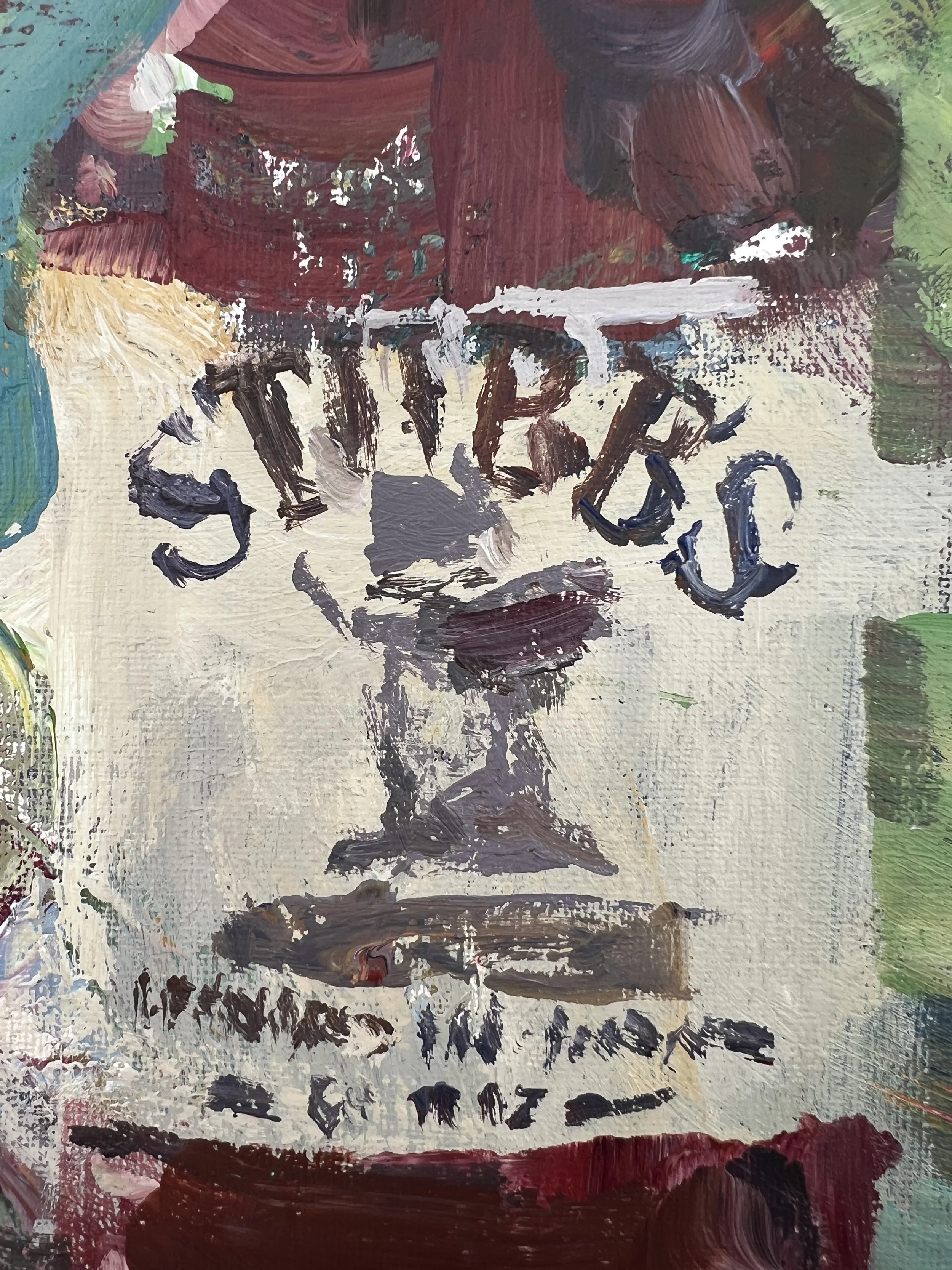 Bold expressive painting of Stubb's BBQ sauce jar with bold label, acrylics on 11x14 canvas - BBQ kitchen wall art - close up 2