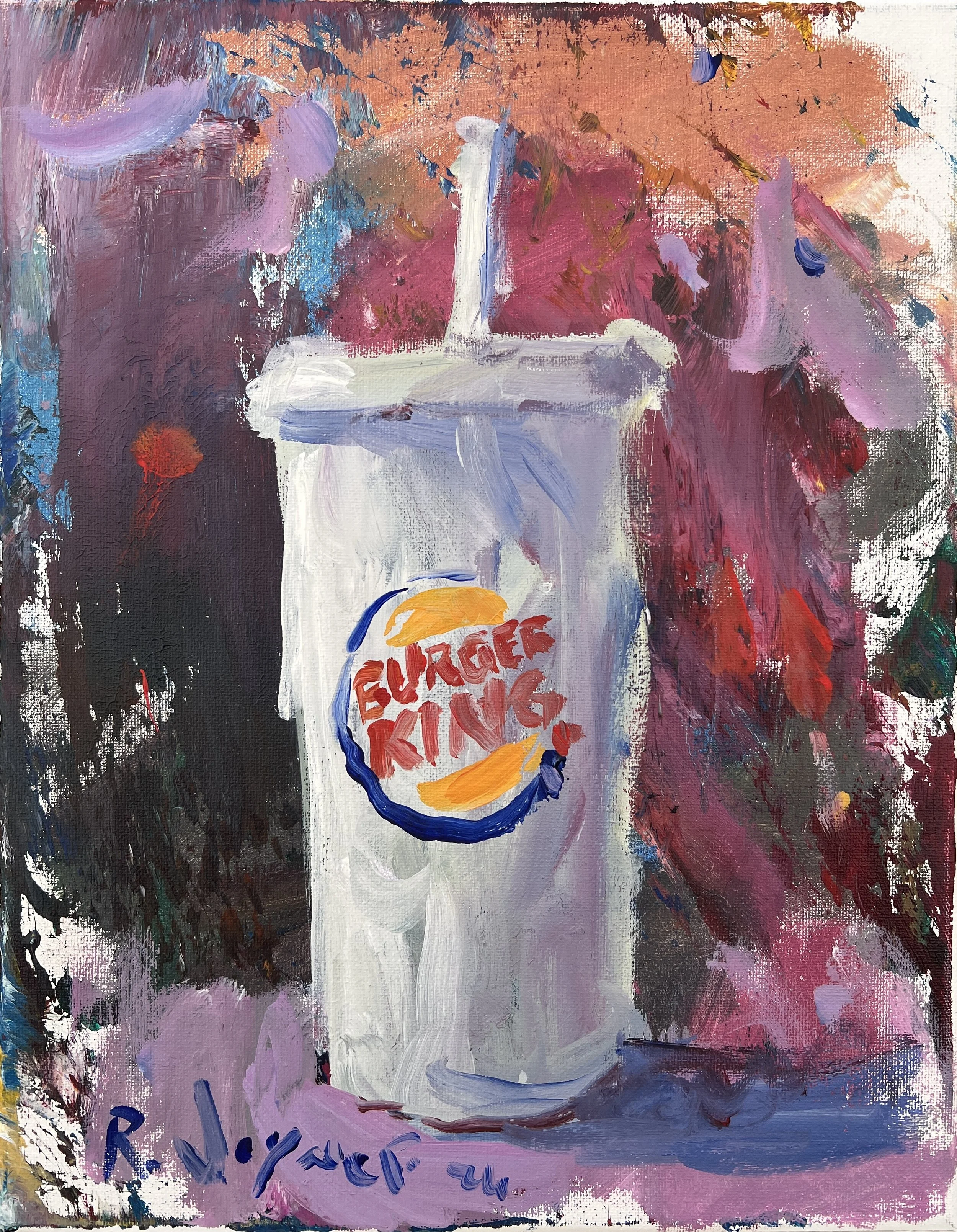 Bold expressive painting of Burger King cup with logo, acrylics on 14x11 canvas - fast food wall art