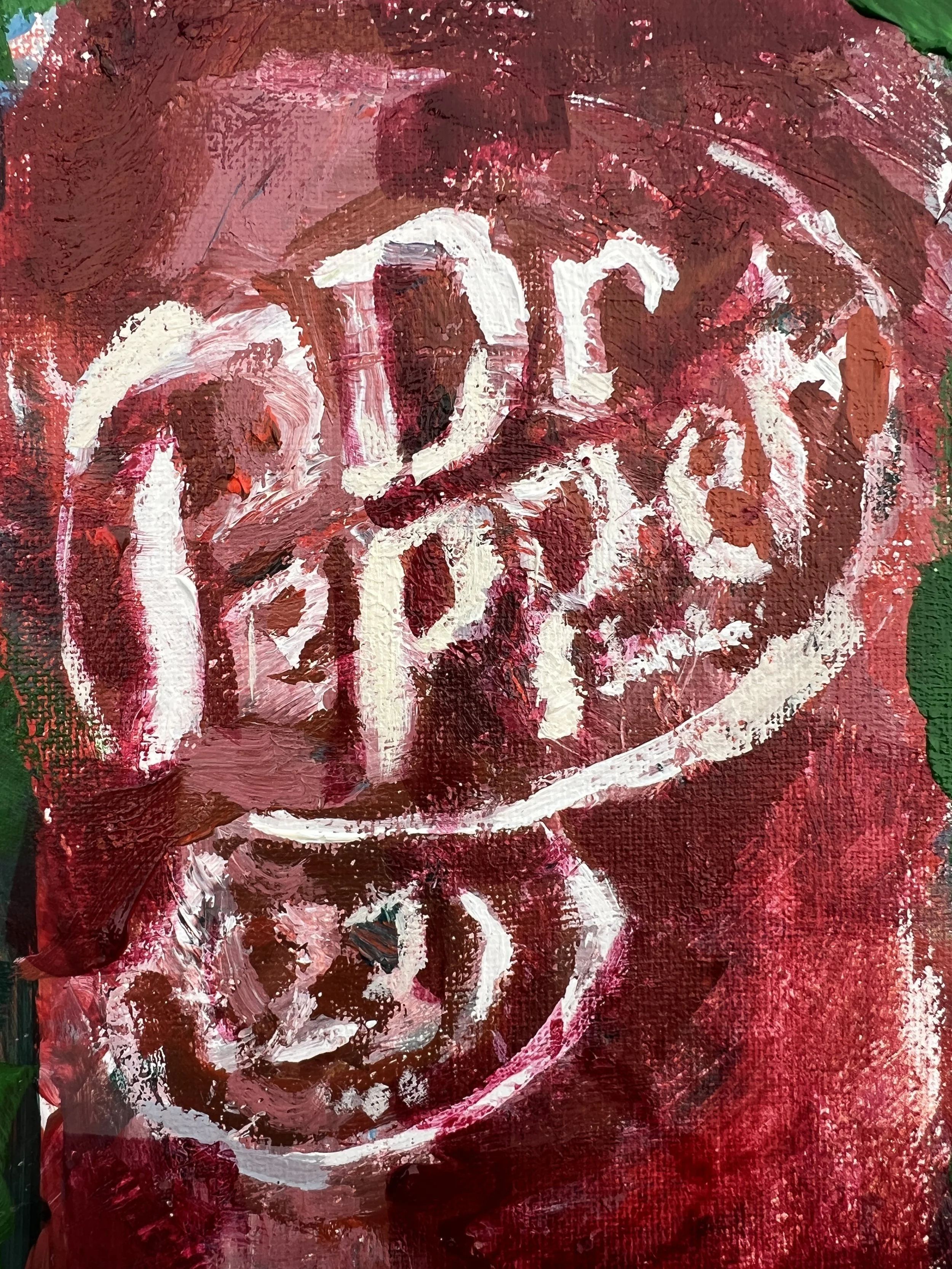 Brushwork detail of Bold expressive painting of Dr Pepper maroon can