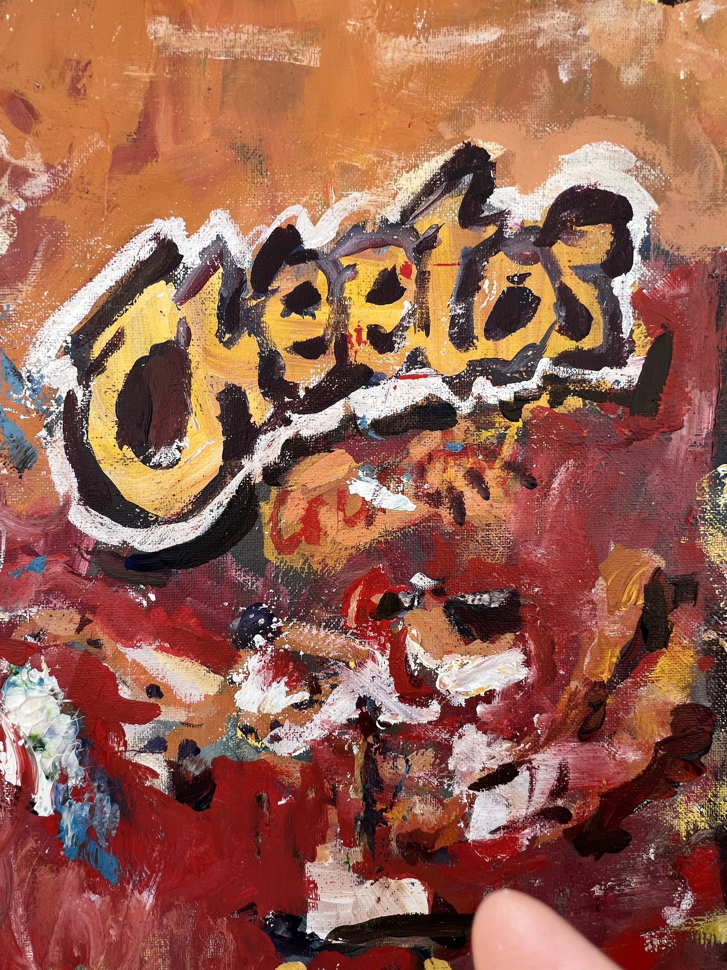 Bold expressive painting of Cheetos orange bag with cheetah logo, acrylics on 20x16 canvas - close up 3