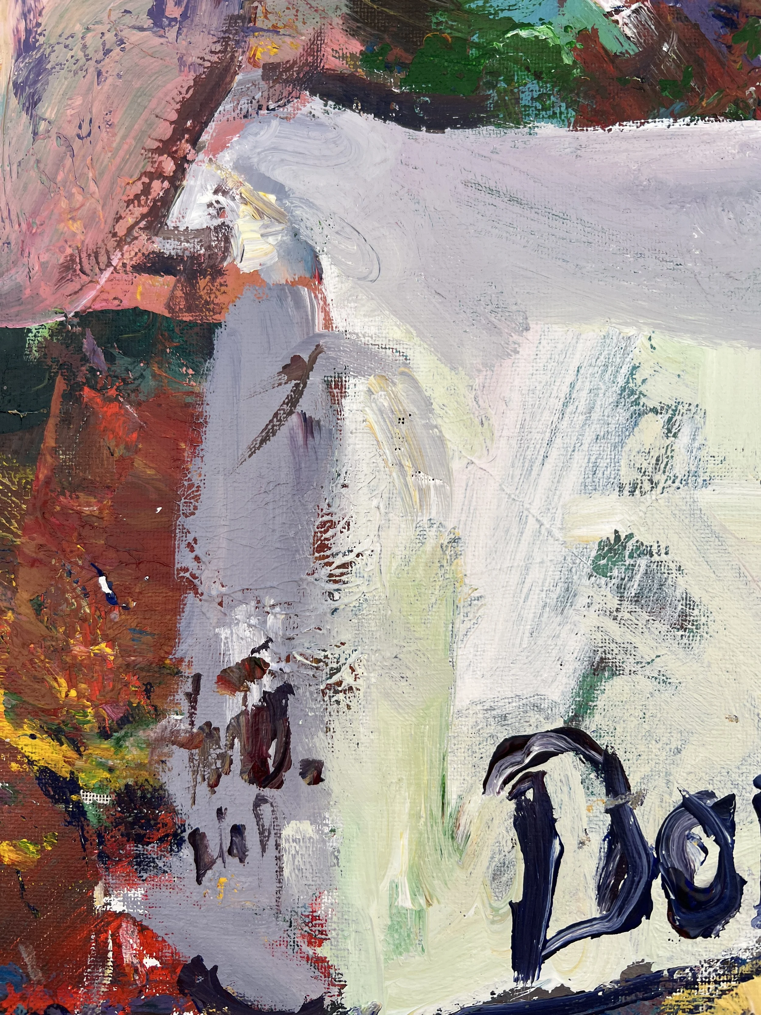 Bold expressive painting of Domino Pure Cane Sugar yellow bag with blue script, acrylics on 20x16 canvas - close up 1