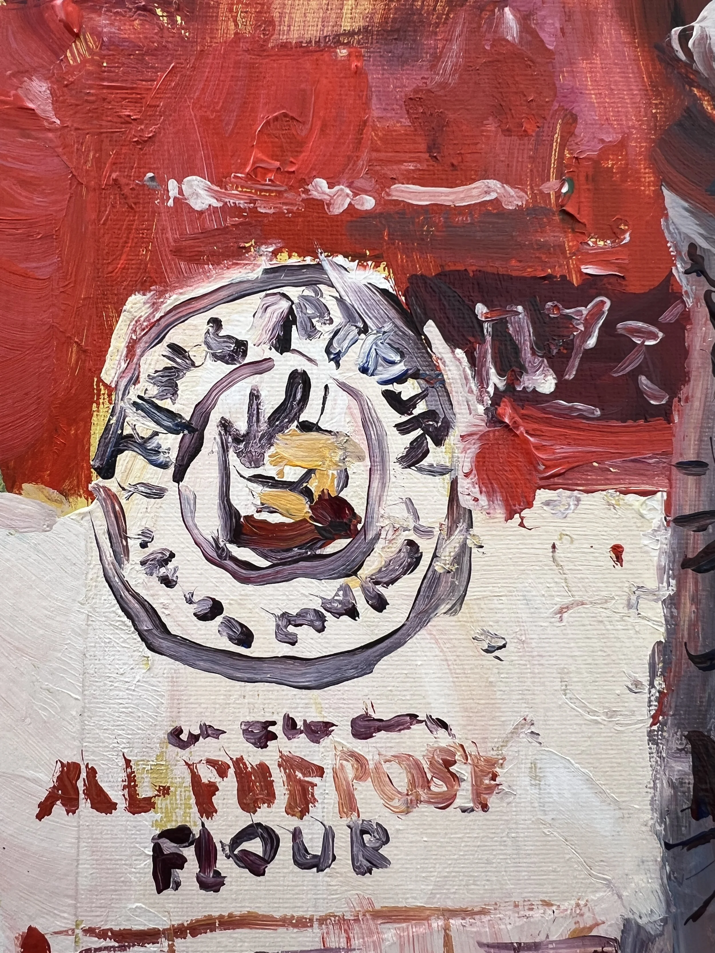 Brushwork detail of Bold expressive original painting of a King Arthur All Purpose Flour bag