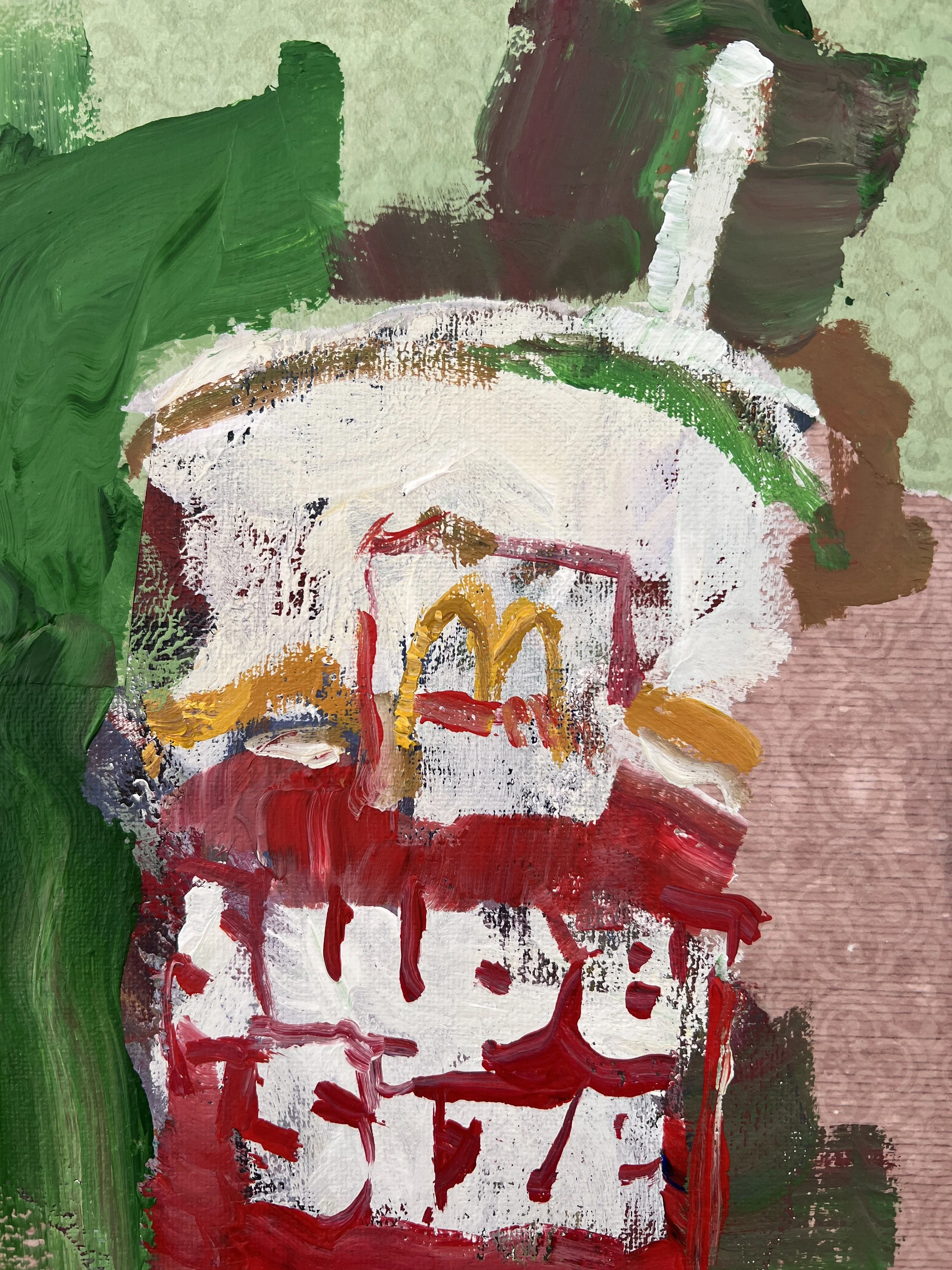 Bold expressive painting of Super Size McDonald's cup with golden arches and collage elements, acrylics on 14x11 canvas - close up 1