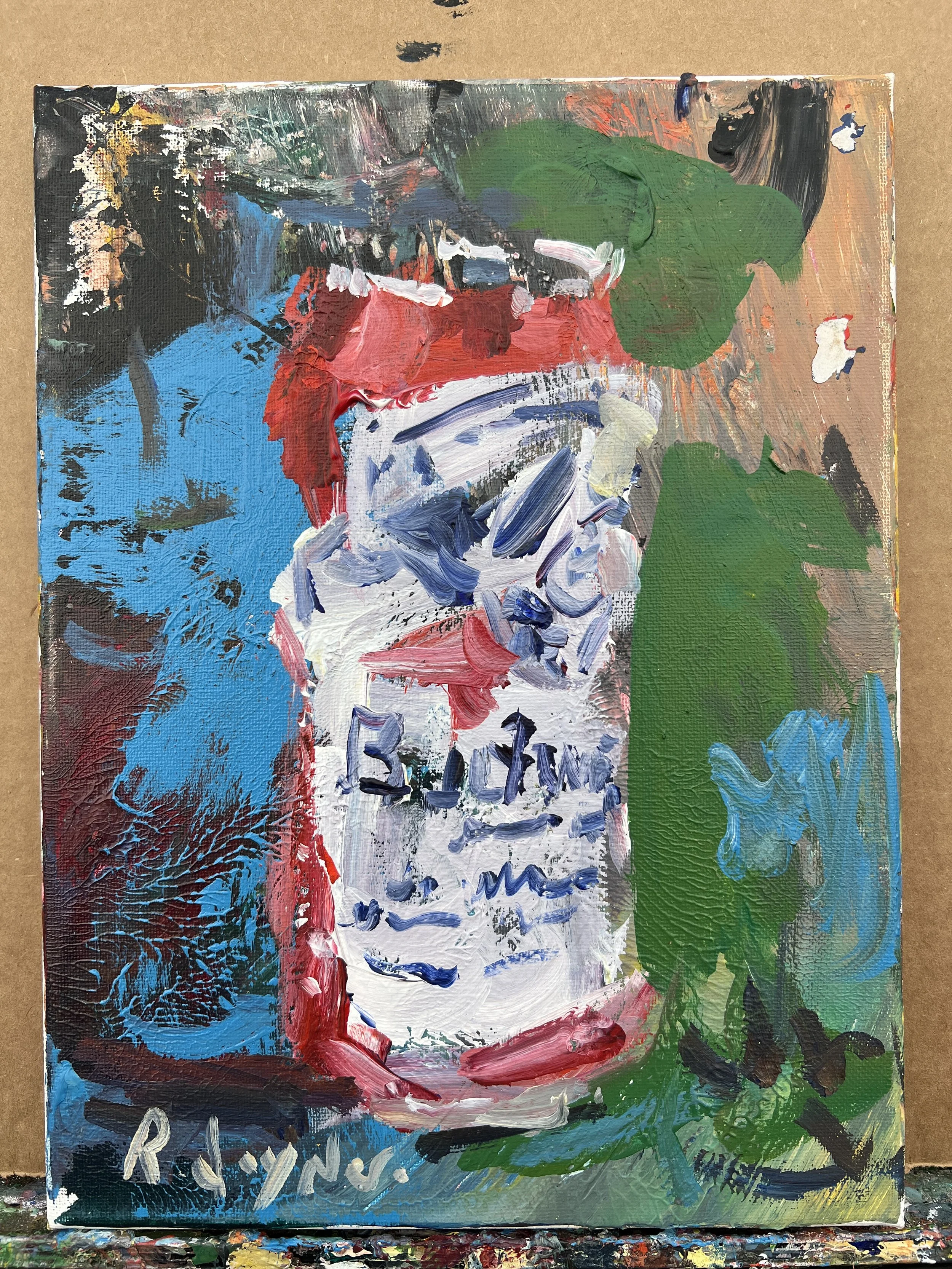 Detail view of Loose expressive acrylic painting of a Budweiser beer can shows all edges