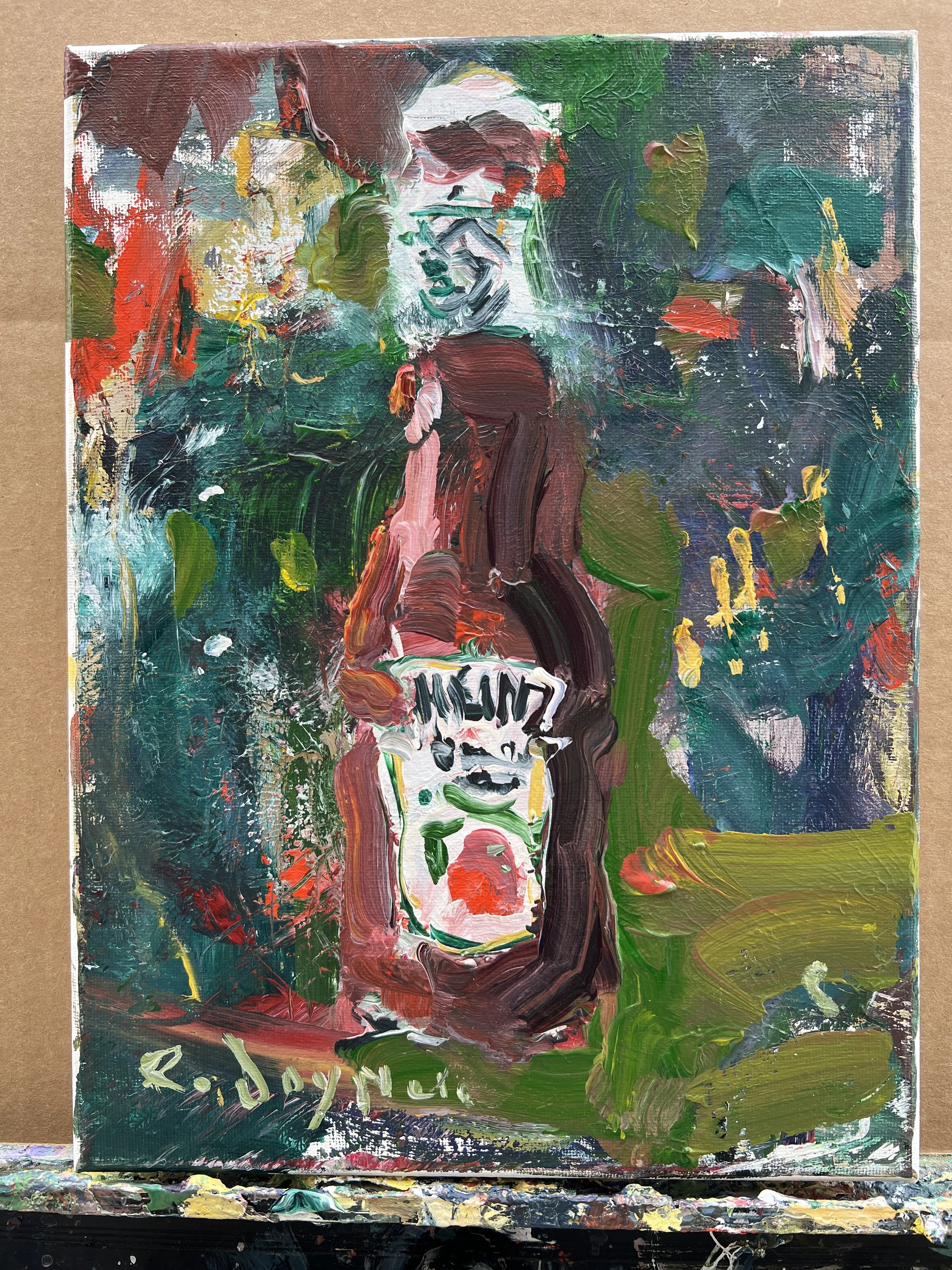 Loose expressive original painting of Heinz ketchup bottle in red and white on canvas - kitchen wall art shows all four edges