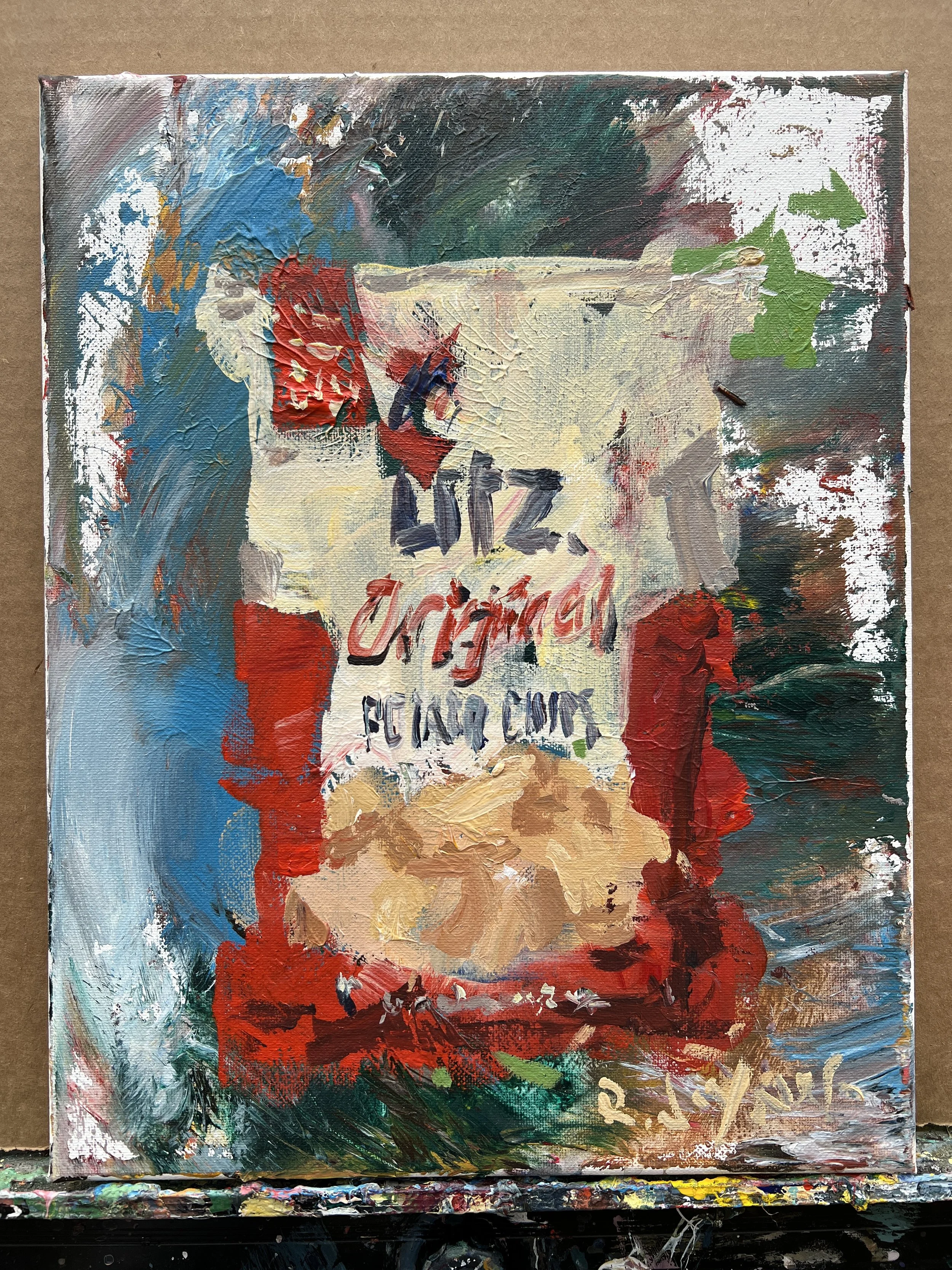 Bold expressive painting of Utz original potato chips red and tan bag with Utz girl logo and textured brushstrokes, acrylics on 14x11 canvas - nostalgic snack kitchen wall art shows all edges