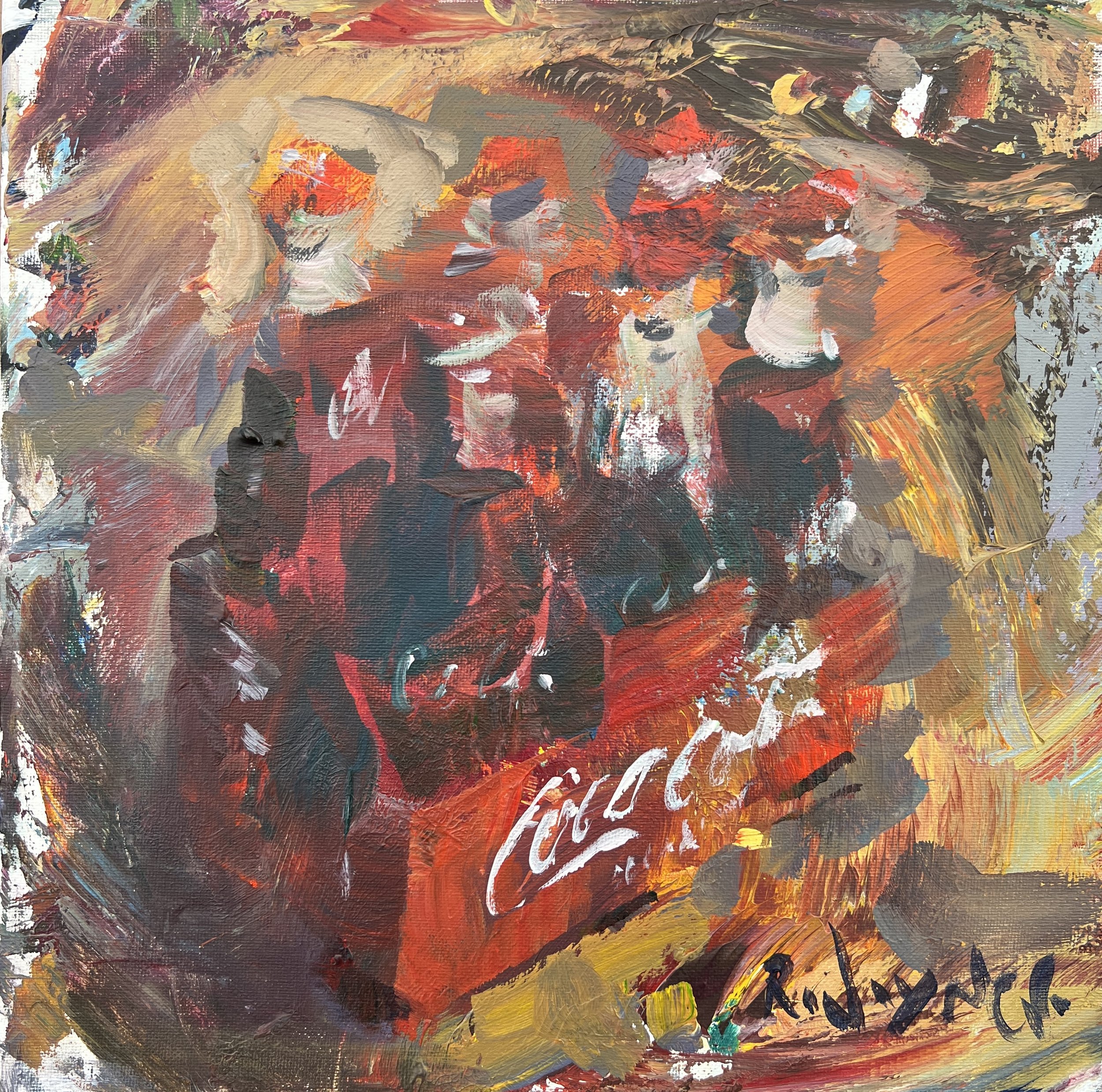 Loose expressive acrylic painting of a Coca-Cola six pack of glass bottles with bold red tones and painterly brushstrokes on a 12x12 canvas, nostalgic Americana kitchen and bar wall art