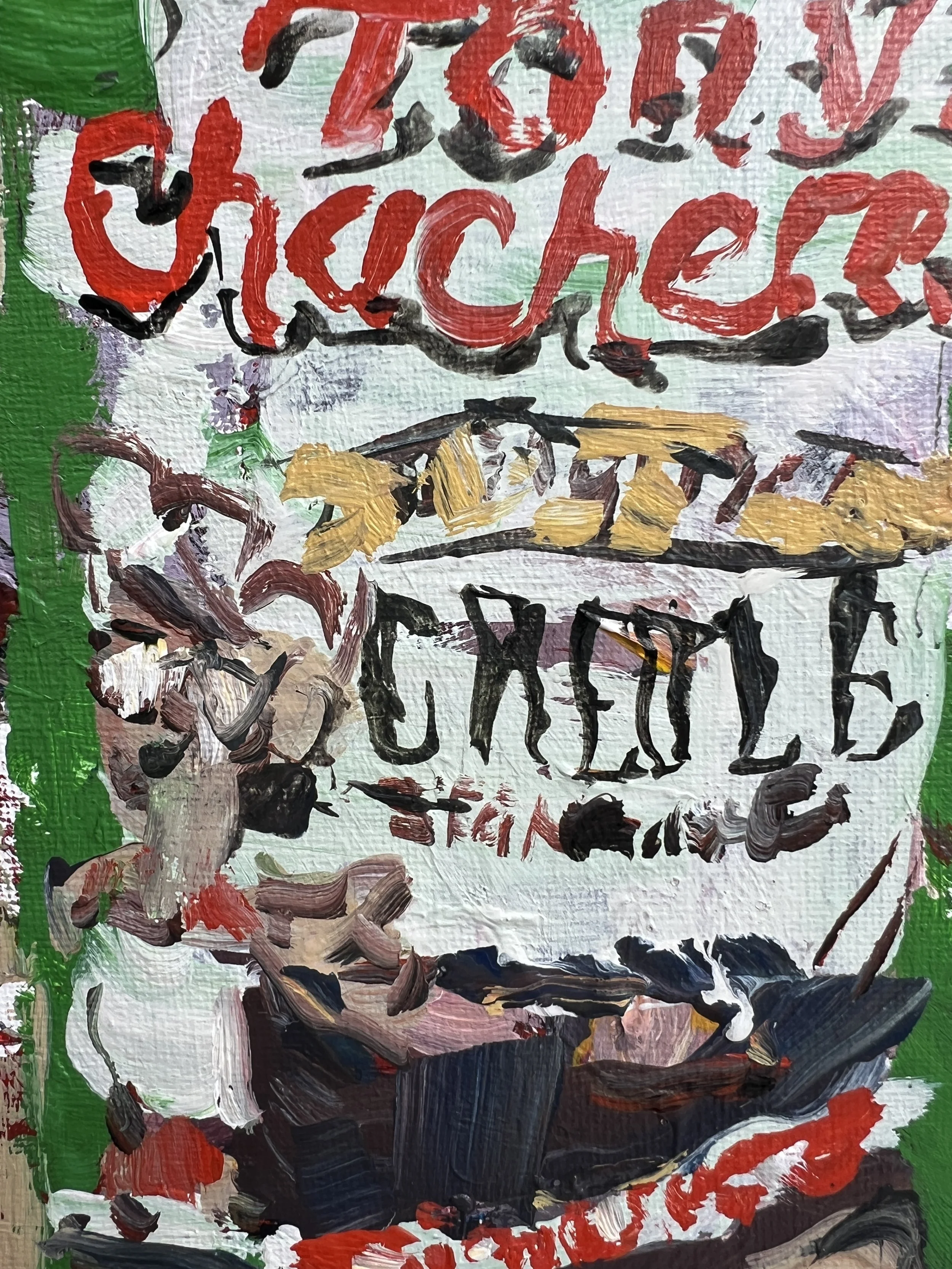 Brushwork detail of Loose expressive original painting of Tony Chachere's creole seasoning