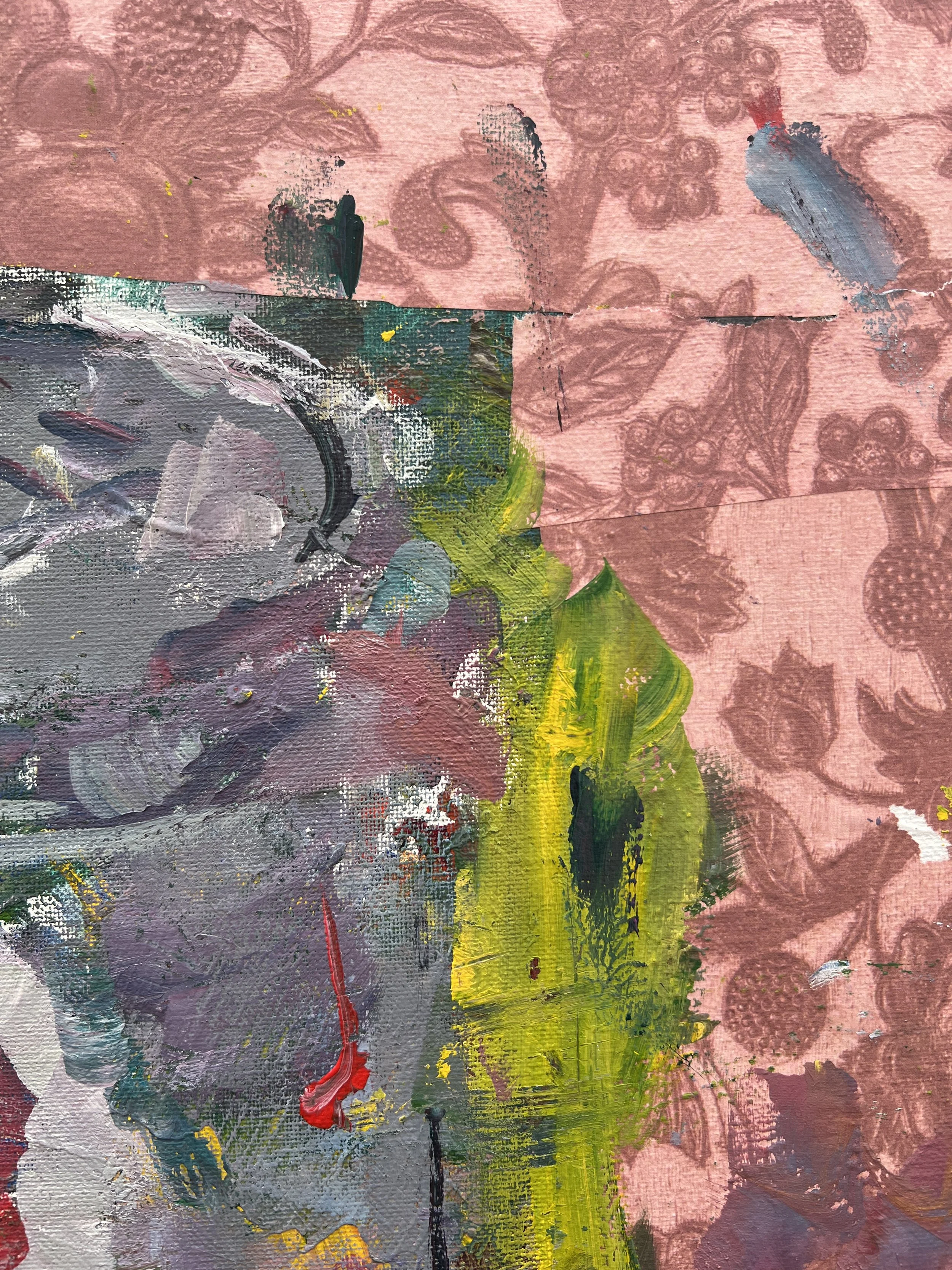 Alt Text: Bold expressive painting of Diet Coke silver can with red script and colorful collage borders, acrylics on 20x16 canvas - close up 2