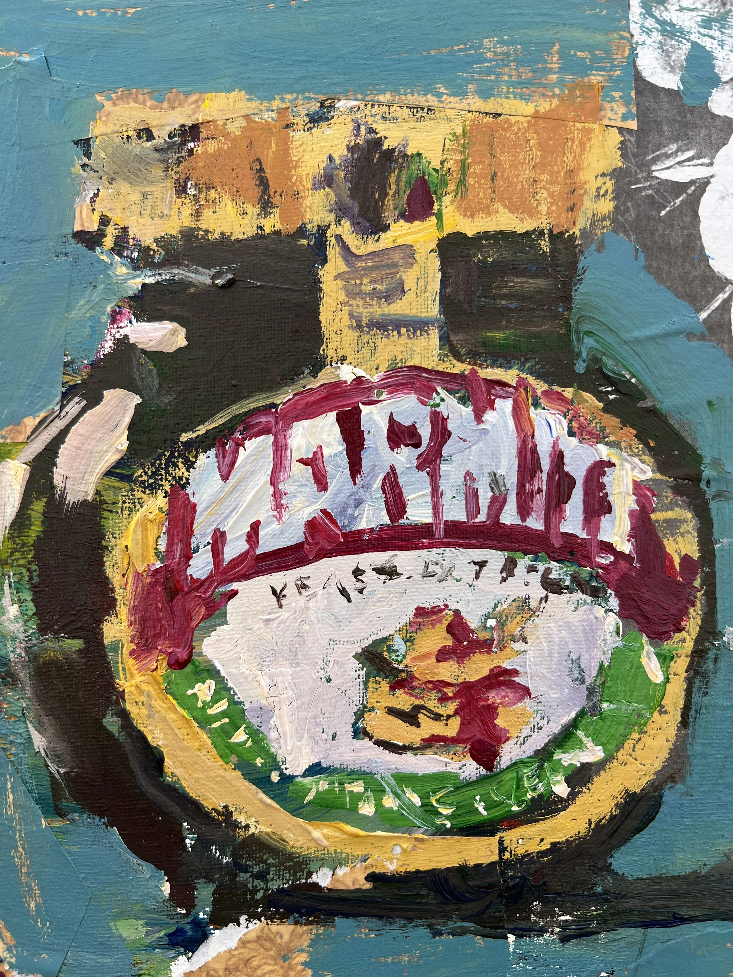 Bold expressive painting of Marmite yeast extract jar with yellow cap and collage elements, acrylics on 12x12 canvas - close up 4