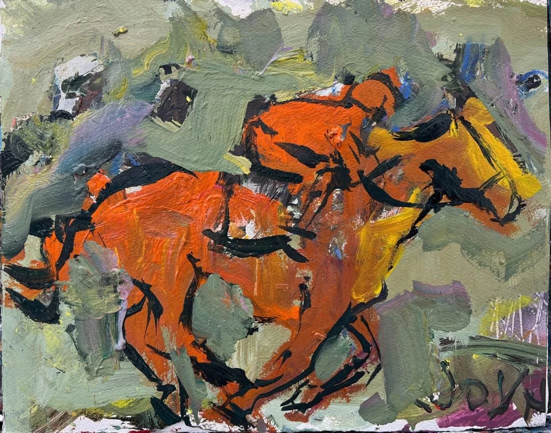 Loose expressive acrylic painting of a horse racing scene with jockeys.