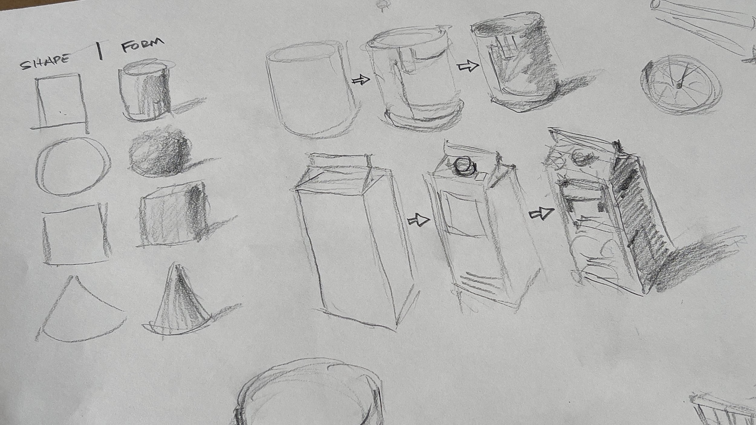 A pencil sketch of various geometric shapes, including cube, cylinder, sphere, cone, and wheel, with labels and arrows indicating the progression or transformation of the shapes.