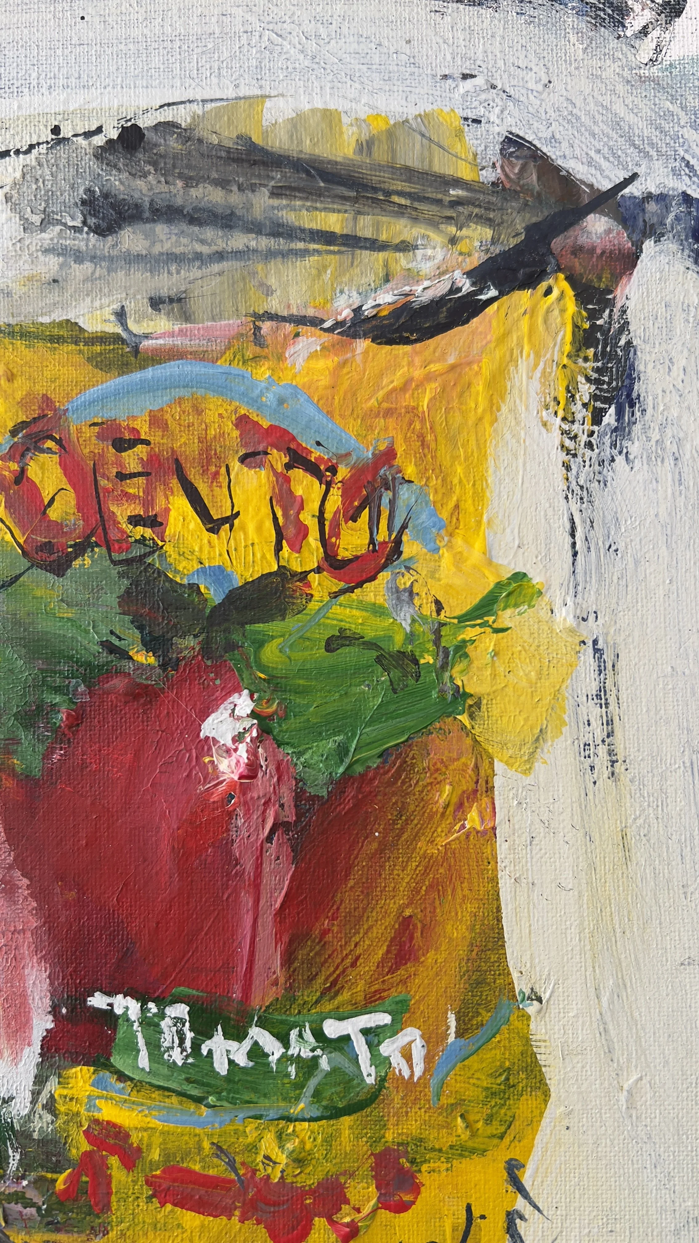 Alt Text: Colorful mixed media painting of three Cento tomato paste cans close up 1