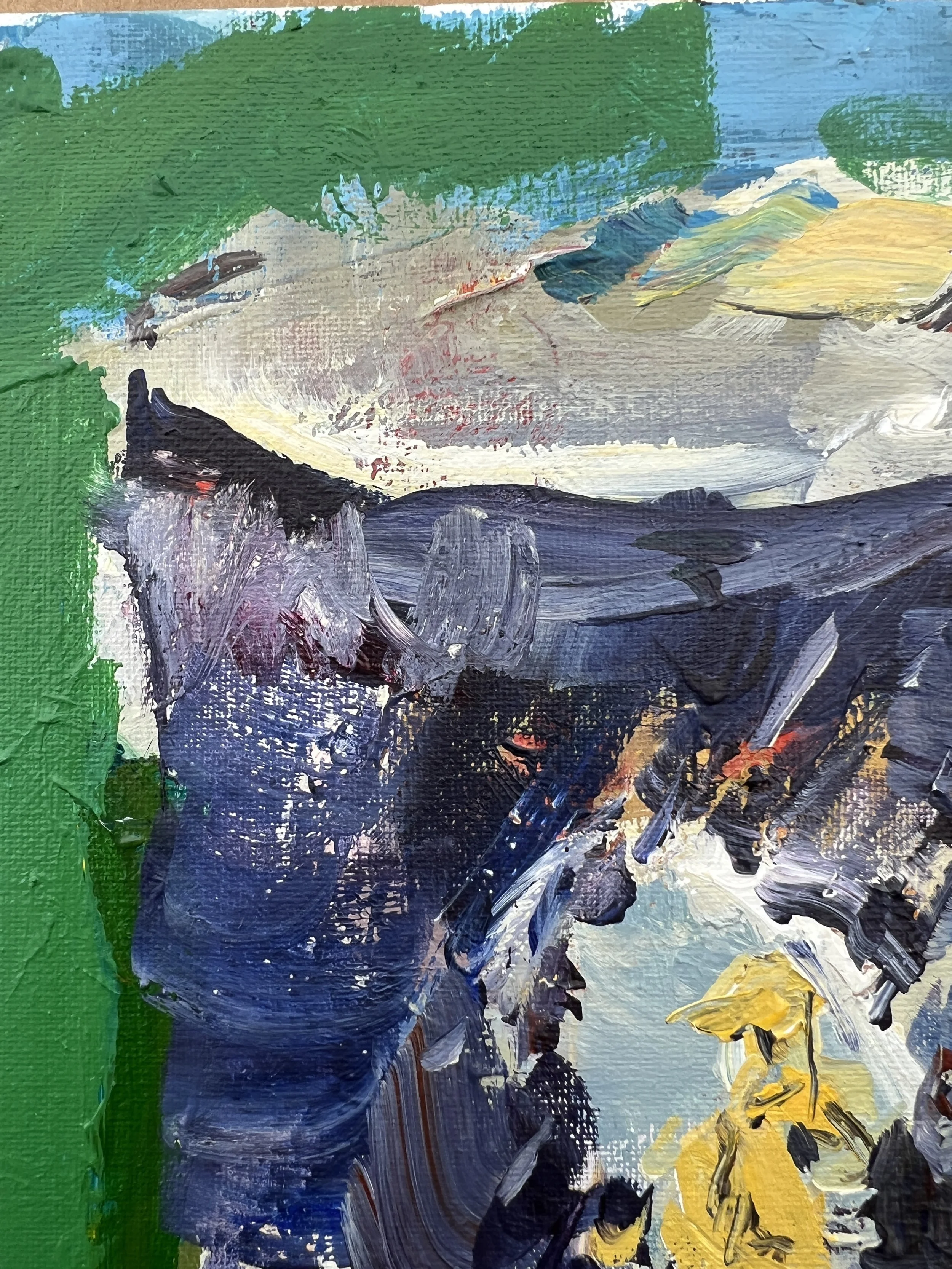 Detail view of Bold expressive painting of Morton Salt blue canister