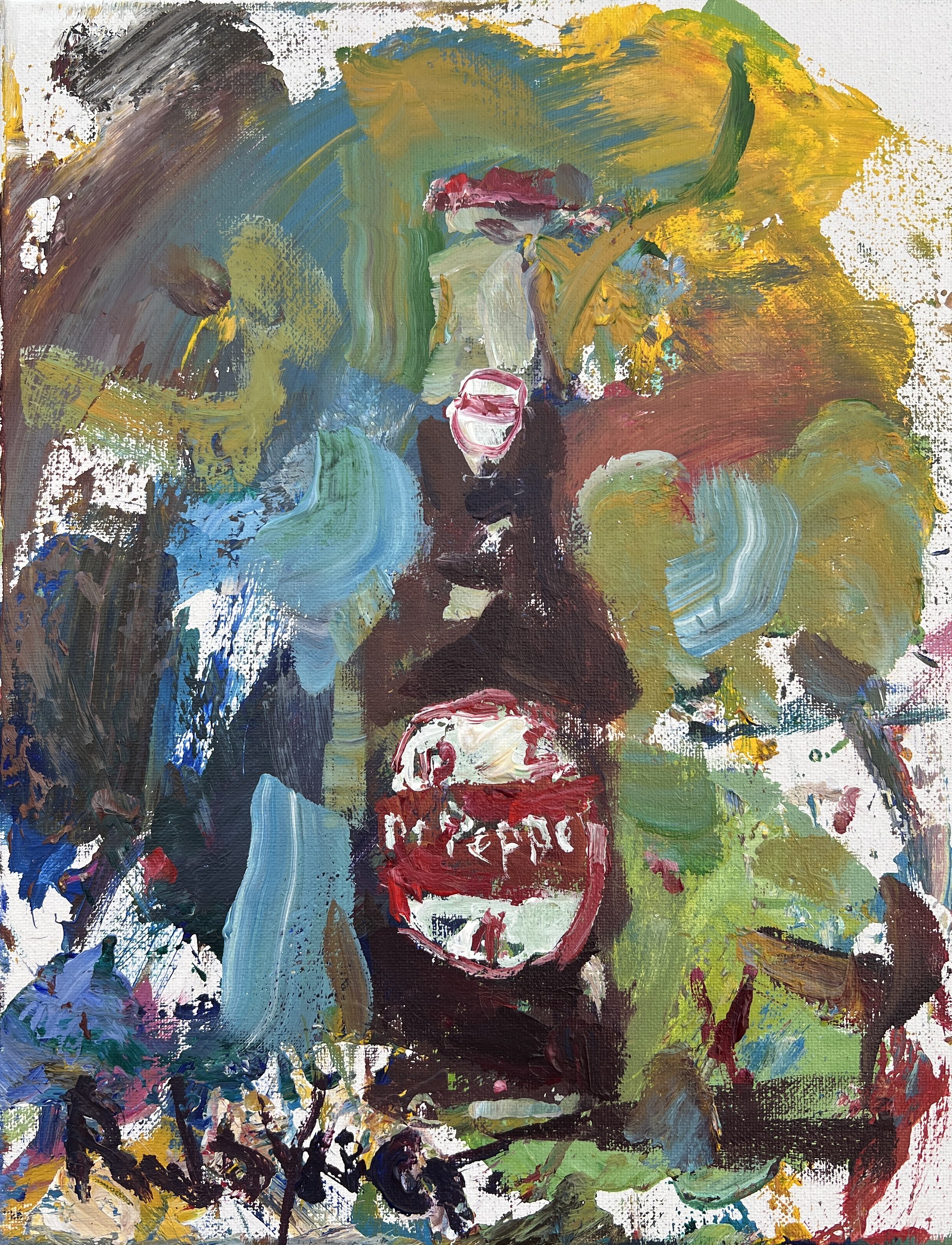 Bold, expressive still life featuring a vintage Dr Pepper bottle painting