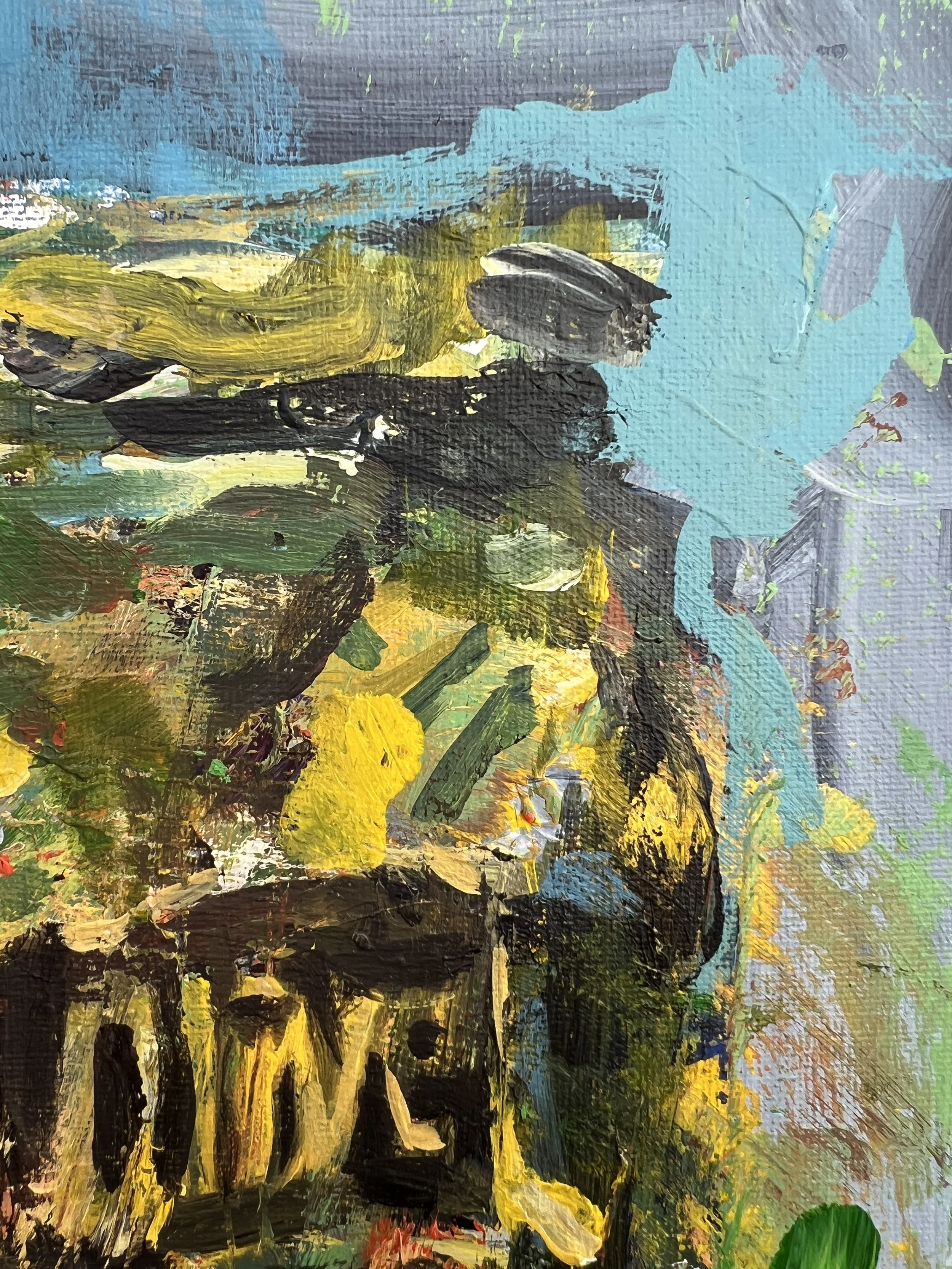 Close-up of Bold expressive Mt. Olive Pickles jar original painting on canvas