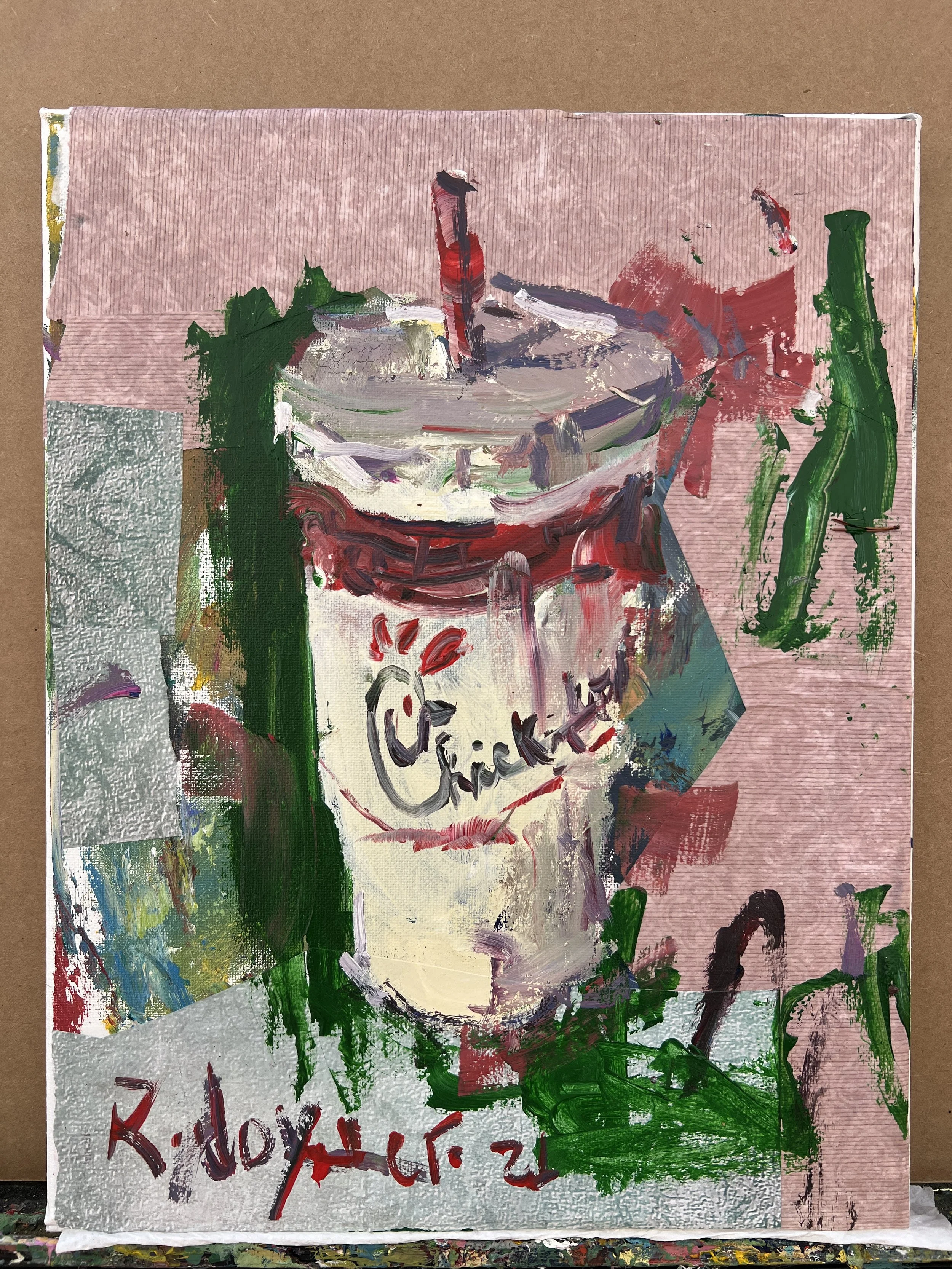 Bold expressive painting of Chick-fil-A cup with red logo and collage elements, acrylics on 14x11 canvas - shows all edges