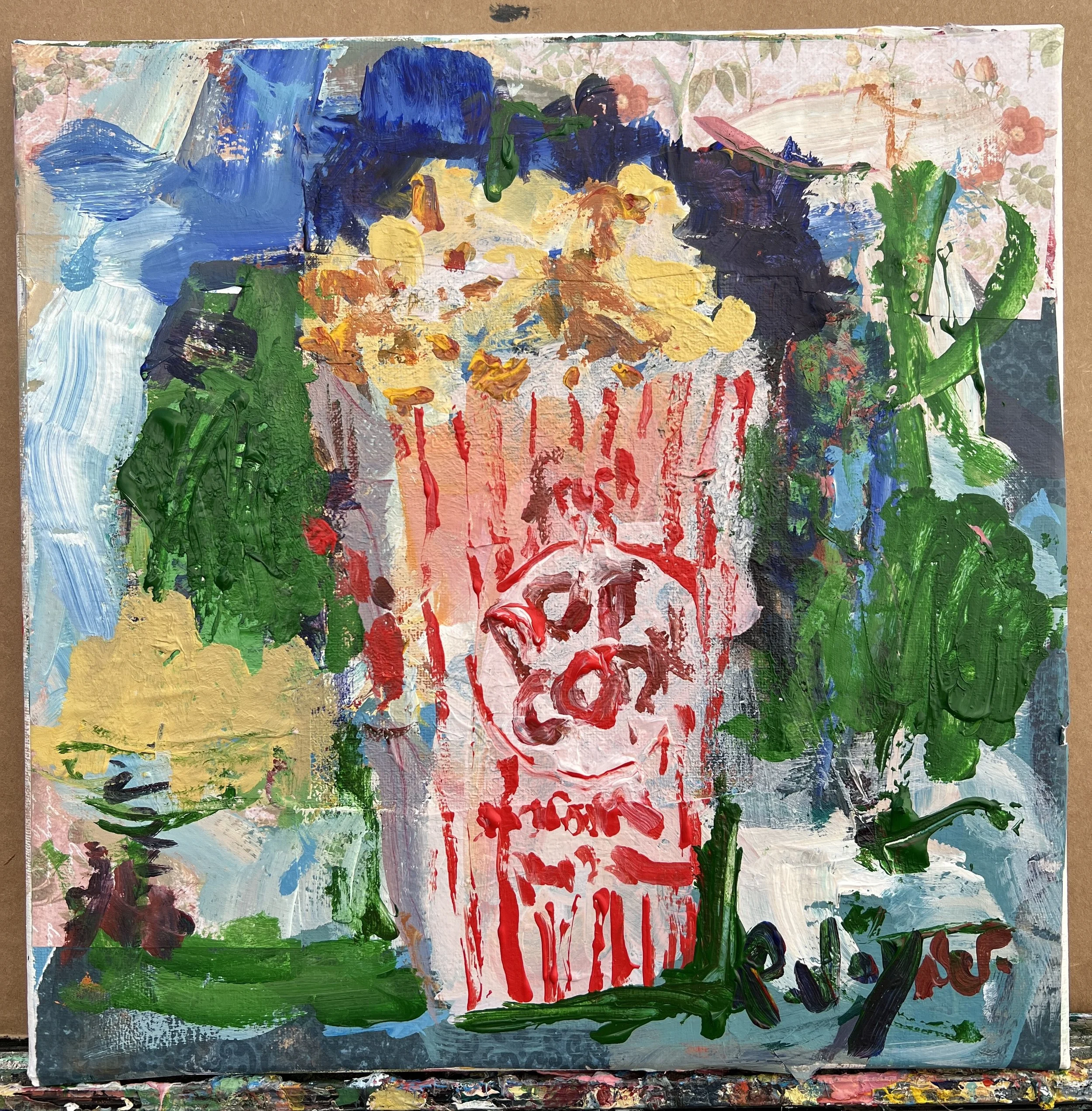 Original mixed media painting of box of popcorn shows all edges