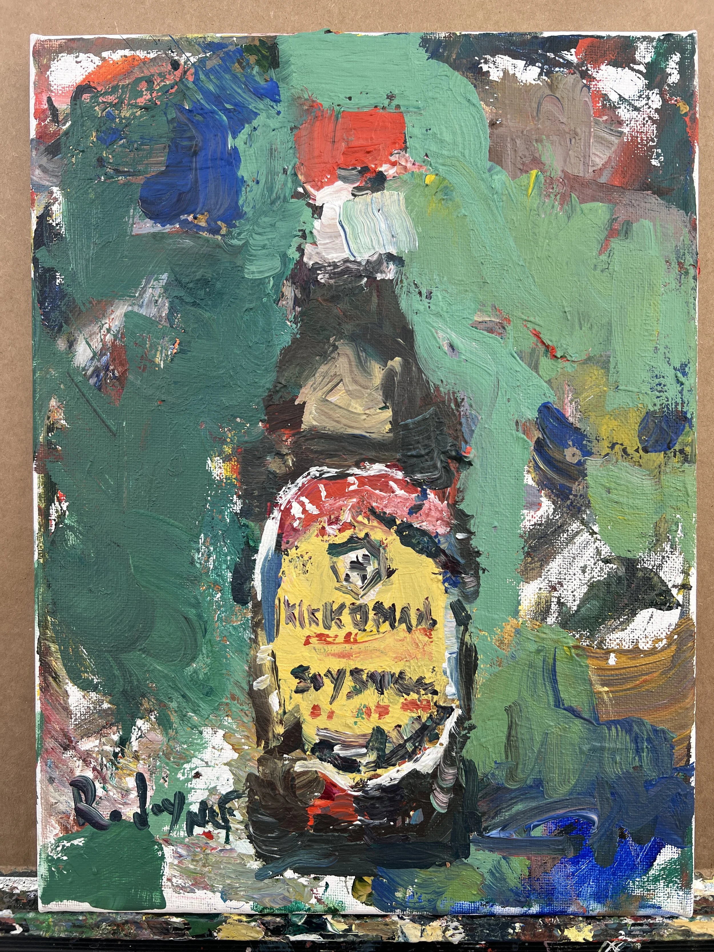 Loose expressive original painting of Kikkoman soy sauce bottle in yellow and red on canvas - kitchen wall art shows all four edges