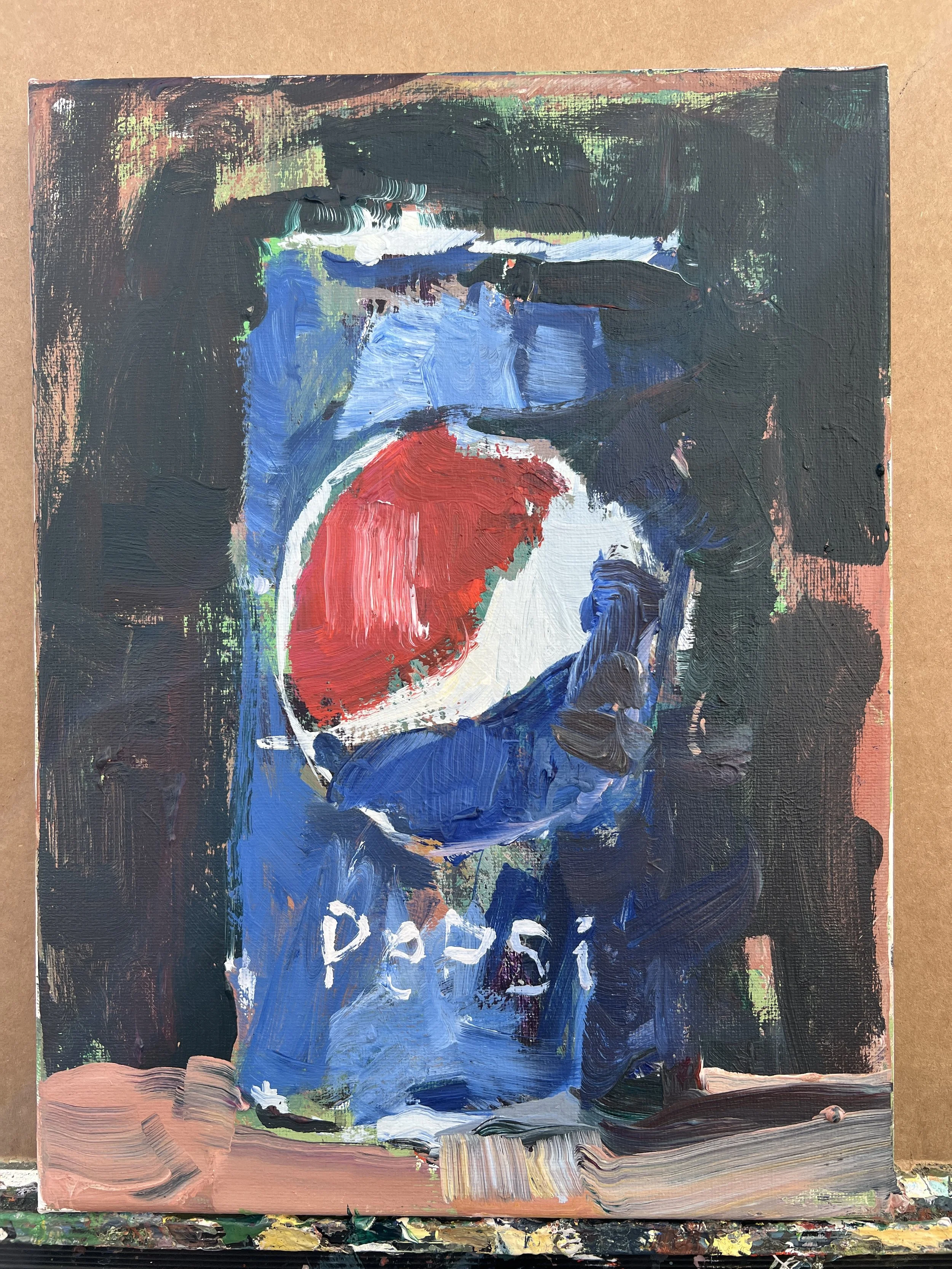 Loose expressive acrylic painting of a classic Pepsi soda can in red, white, and blue — original kitchen wall art shows all edges