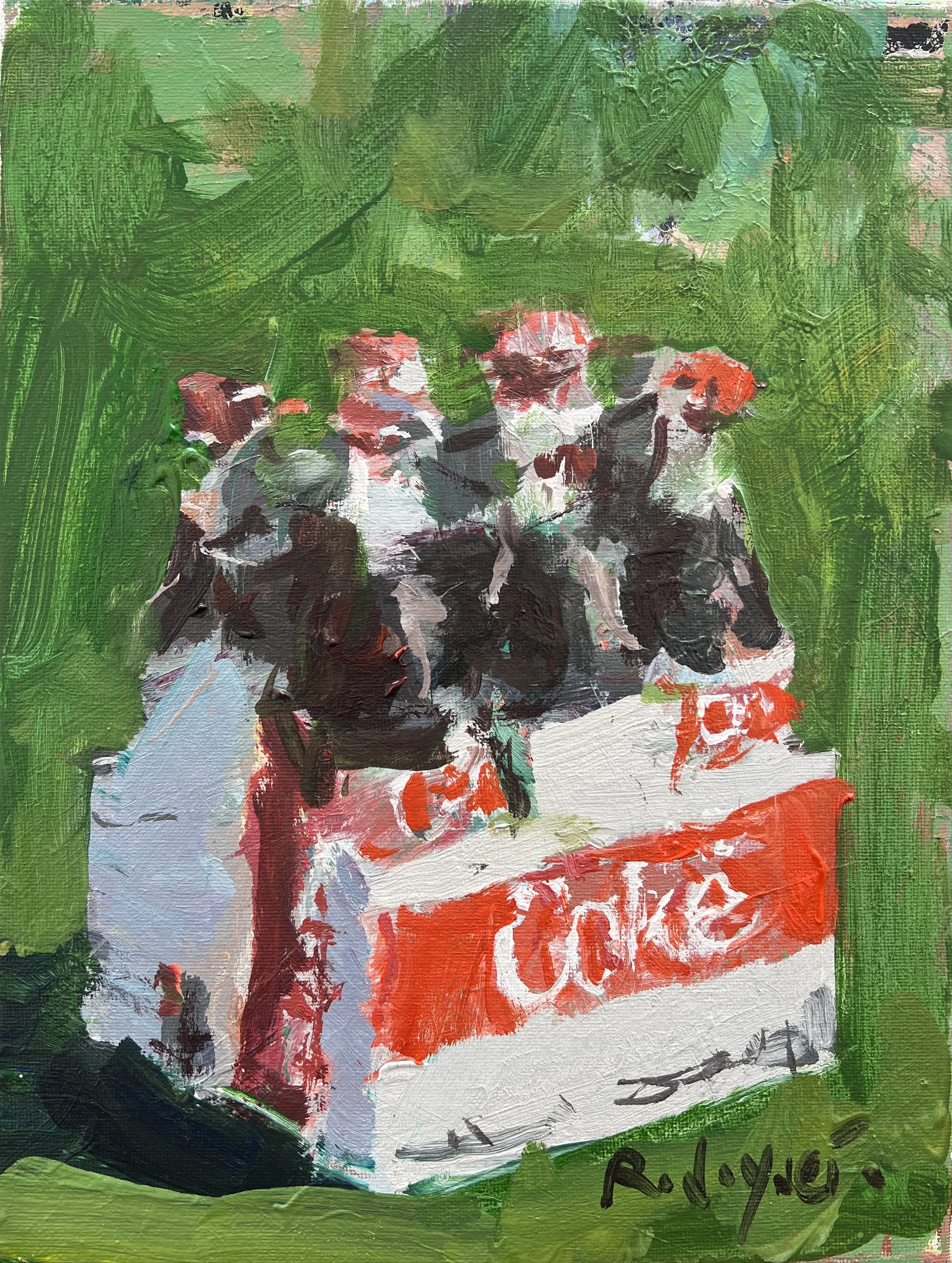 Loose expressive acrylic painting of a Diet Coke 6-pack of glass bottles with silver and red details — original kitchen wall art