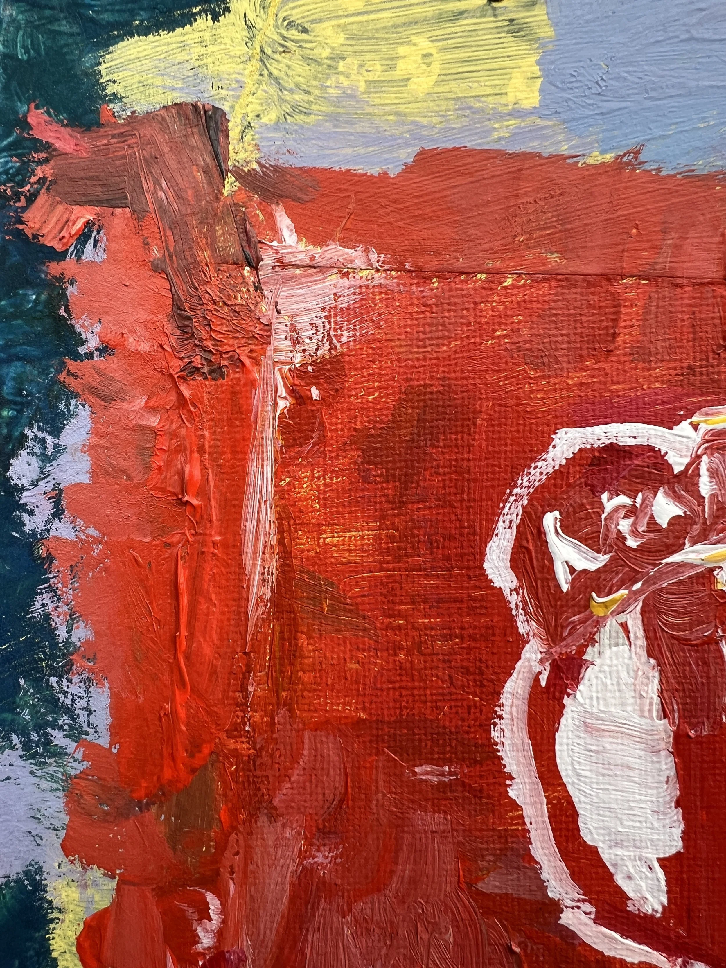 Detail view of Bold expressive painting of KitKat candy bar red wrapper with white logo