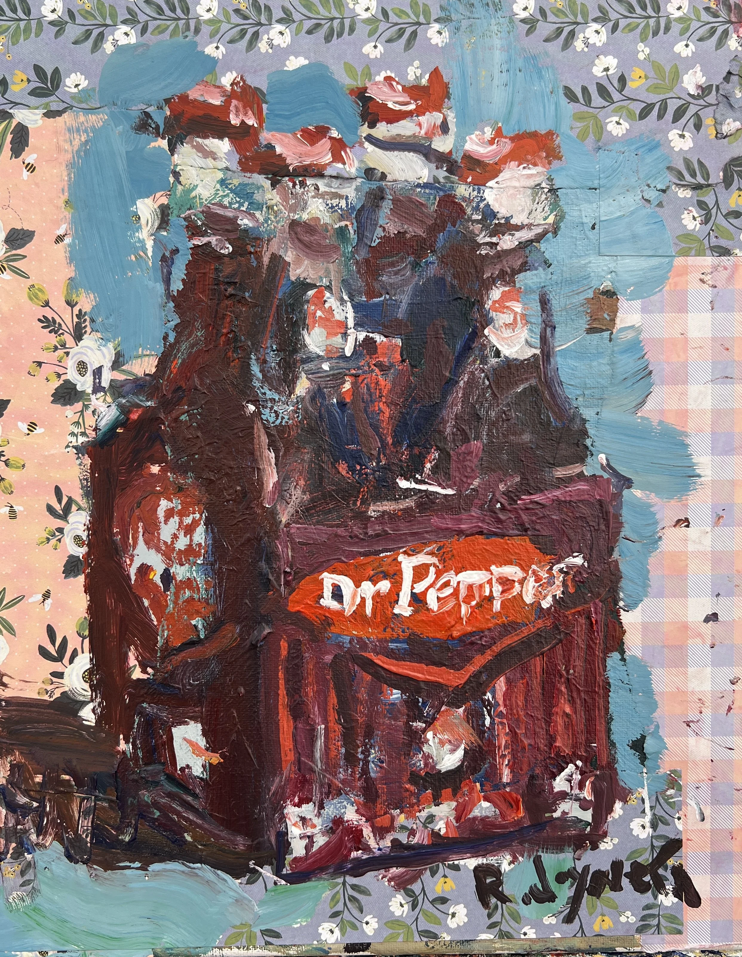 Loose expressive original painting of Dr Pepper 4-pack soda cans in maroon with hand-collaged floral border on canvas - kitchen wall art