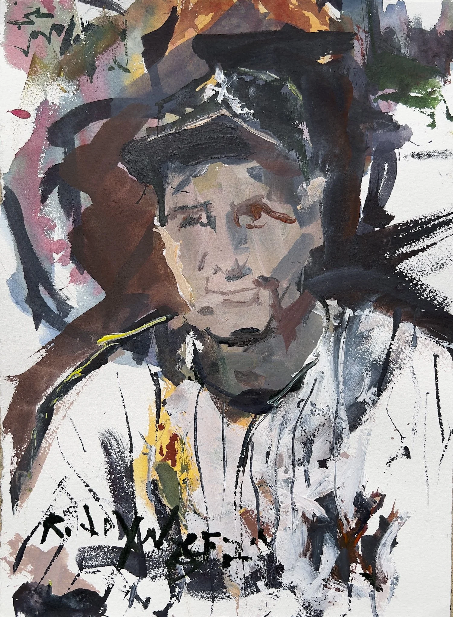 Original mixed media painting of Yankee baseball legend Lou Gehrig