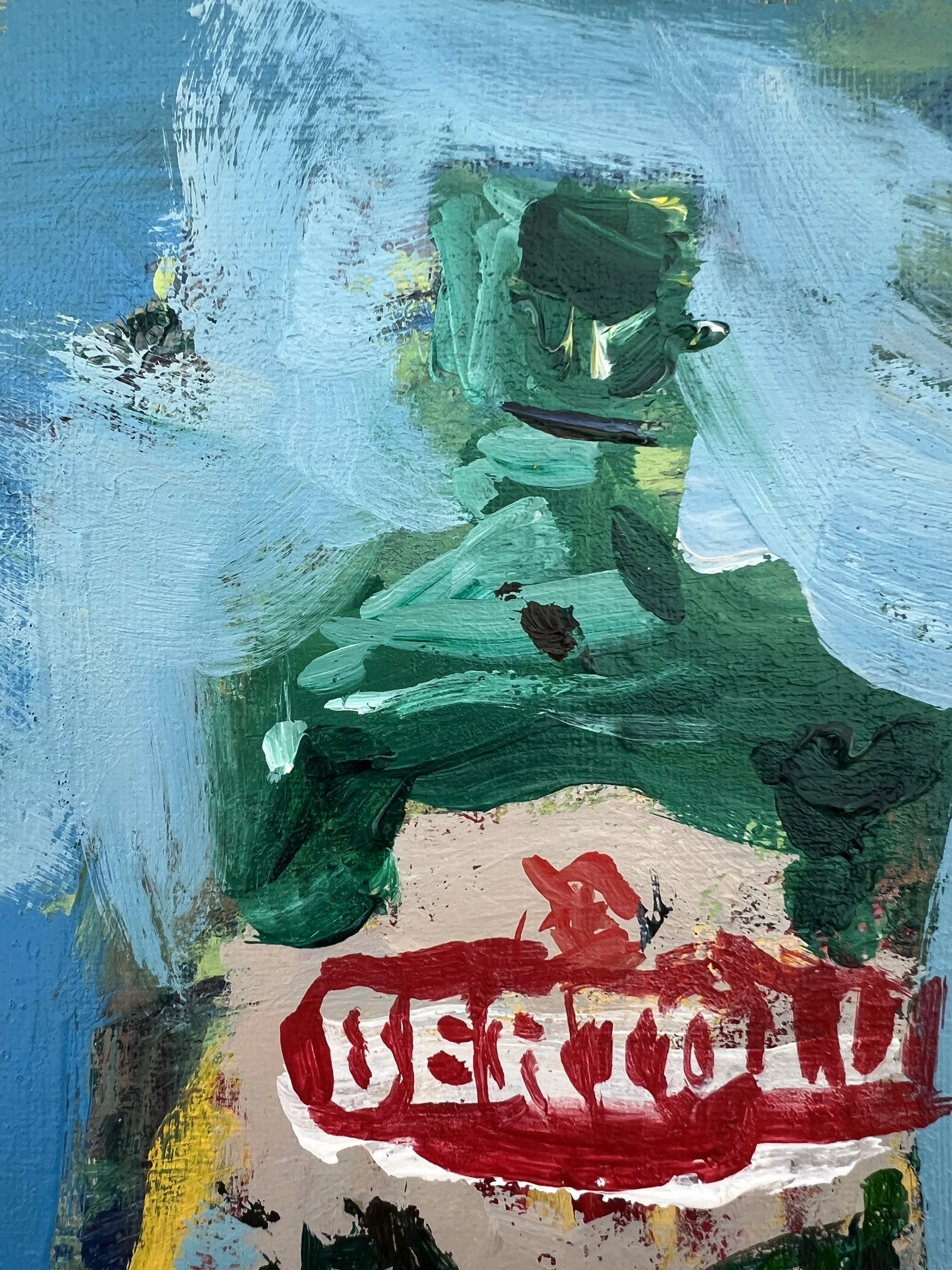 Loose expressive painting of Bertolli olive oil bottle with green tones and bold brushwork, acrylic on 12x9 canvas - close up 1
