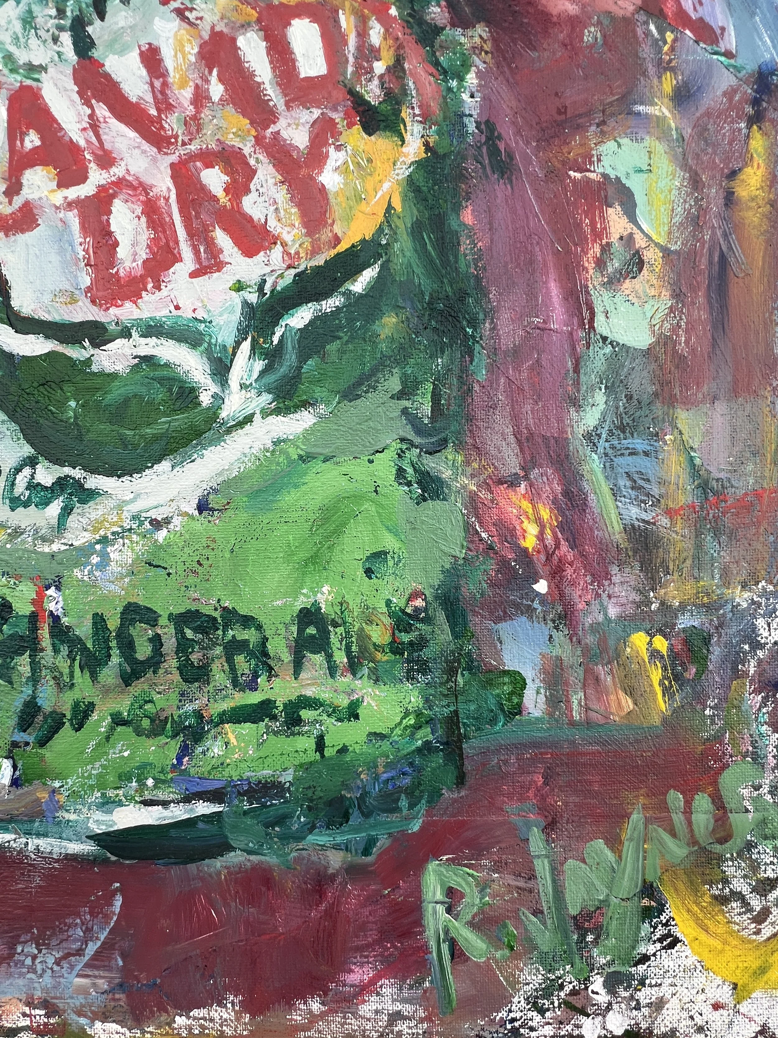Bold expressive painting of Canada Dry ginger ale green and red can with shield logo in vibrant colors, acrylics on 20x16 canvas - close up 5