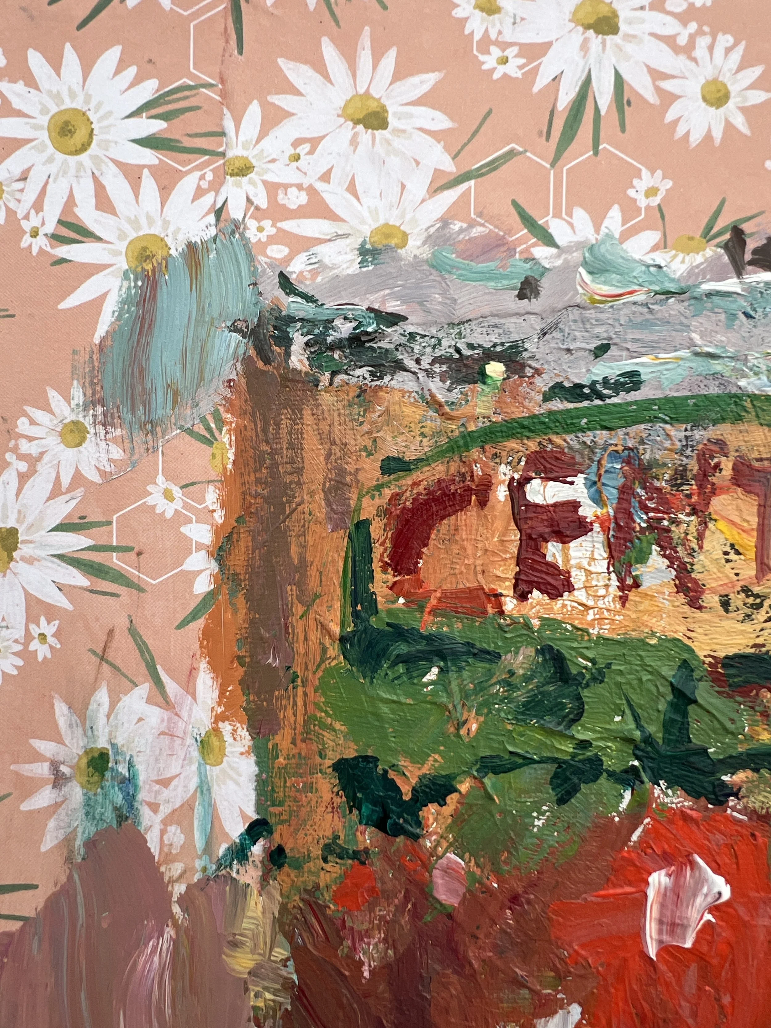 Detail view of Loose expressive original painting of a Cento tomato paste can