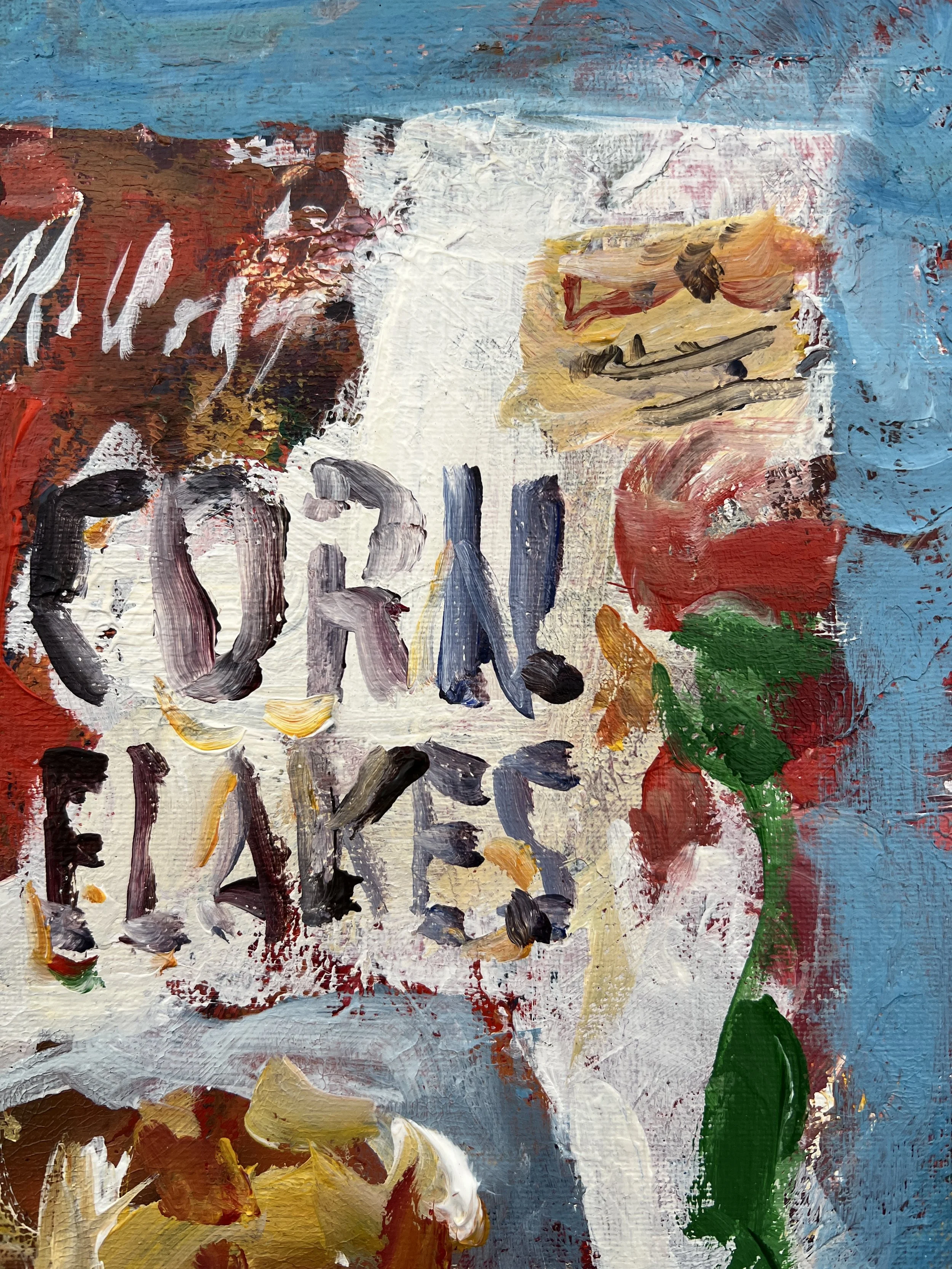 Close-up of Bold expressive painting of Corn Flakes cereal box