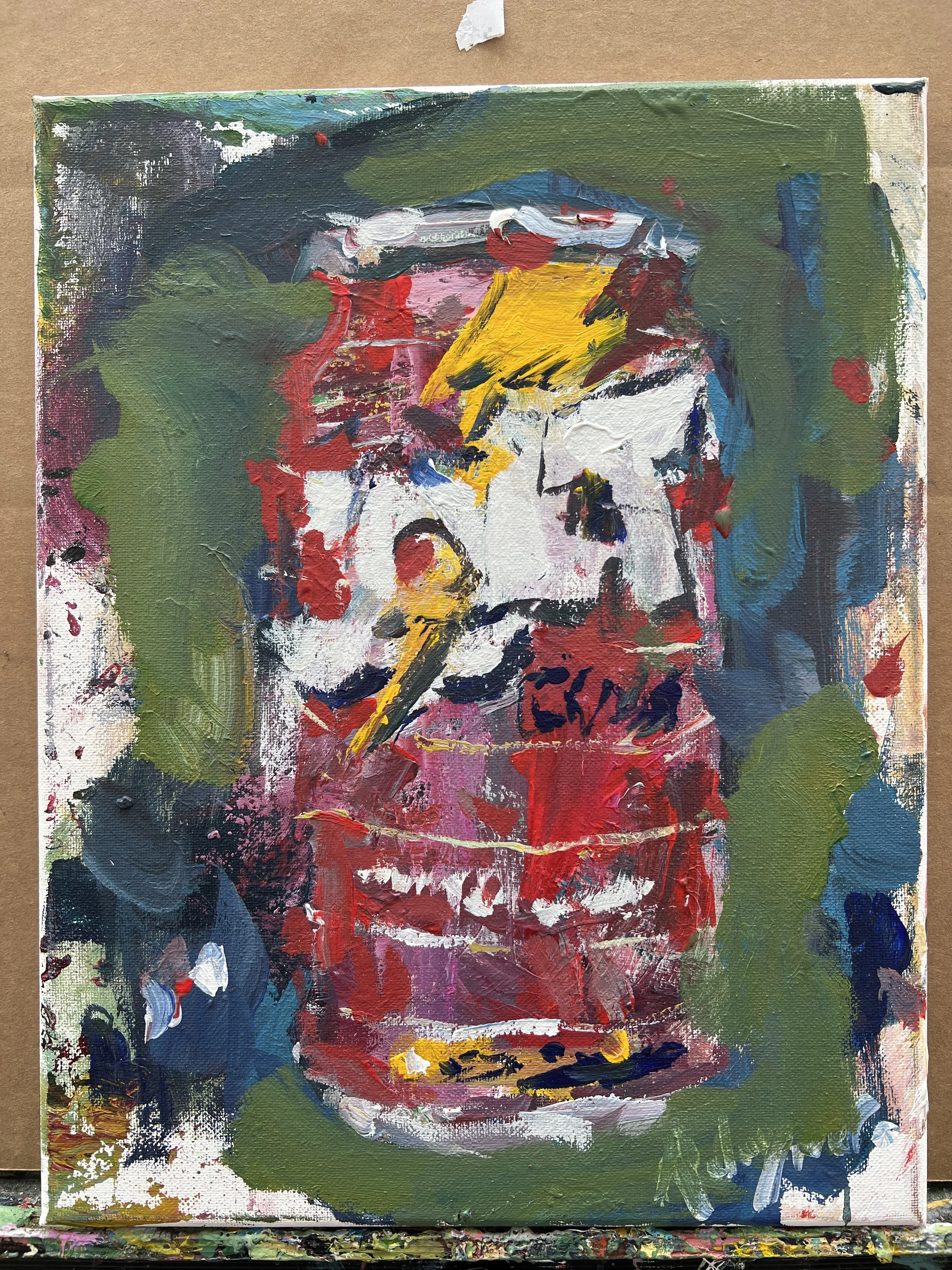 Bold expressive painting of Jolt Cola red soda can with lightning bolt logo, acrylics on 14x11 canvas - shows all edges