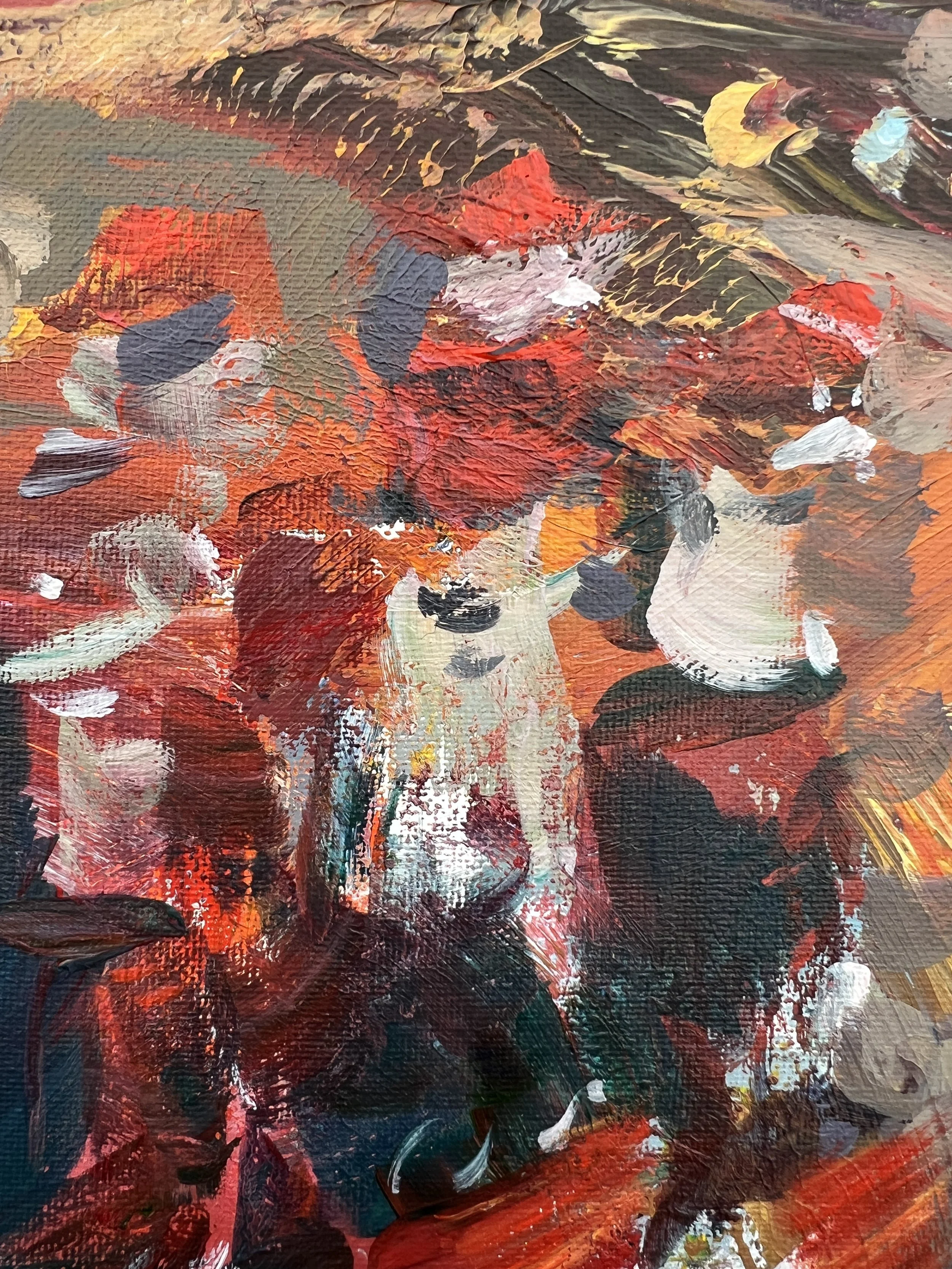 Brushwork detail of Loose expressive acrylic painting of a Coca-Cola six pack of glass bottles