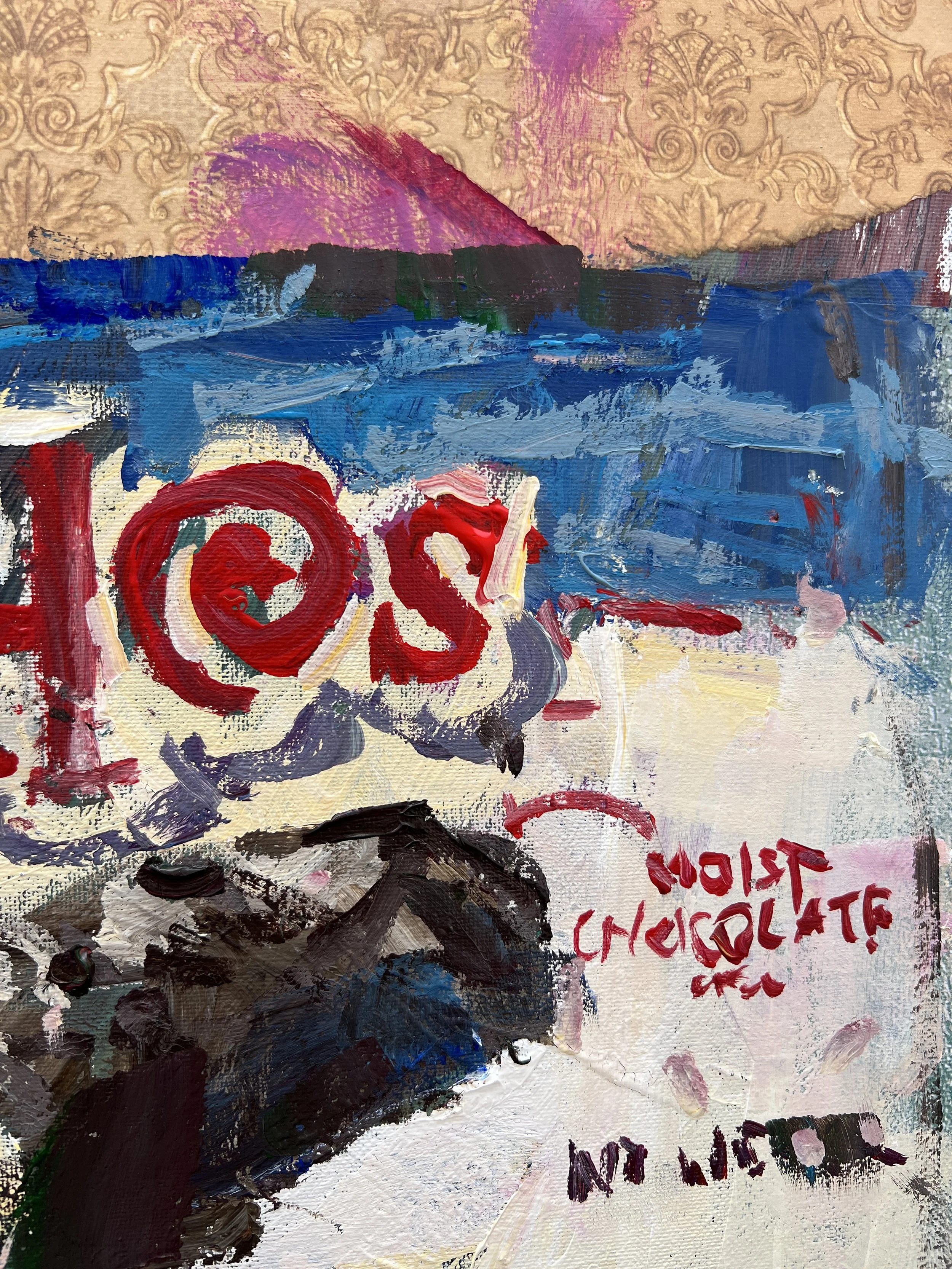 Bold expressive painting of Hostess Ho Hos box with chocolate roll cakes and collage elements, acrylics on 20x16 canvas - close up 3