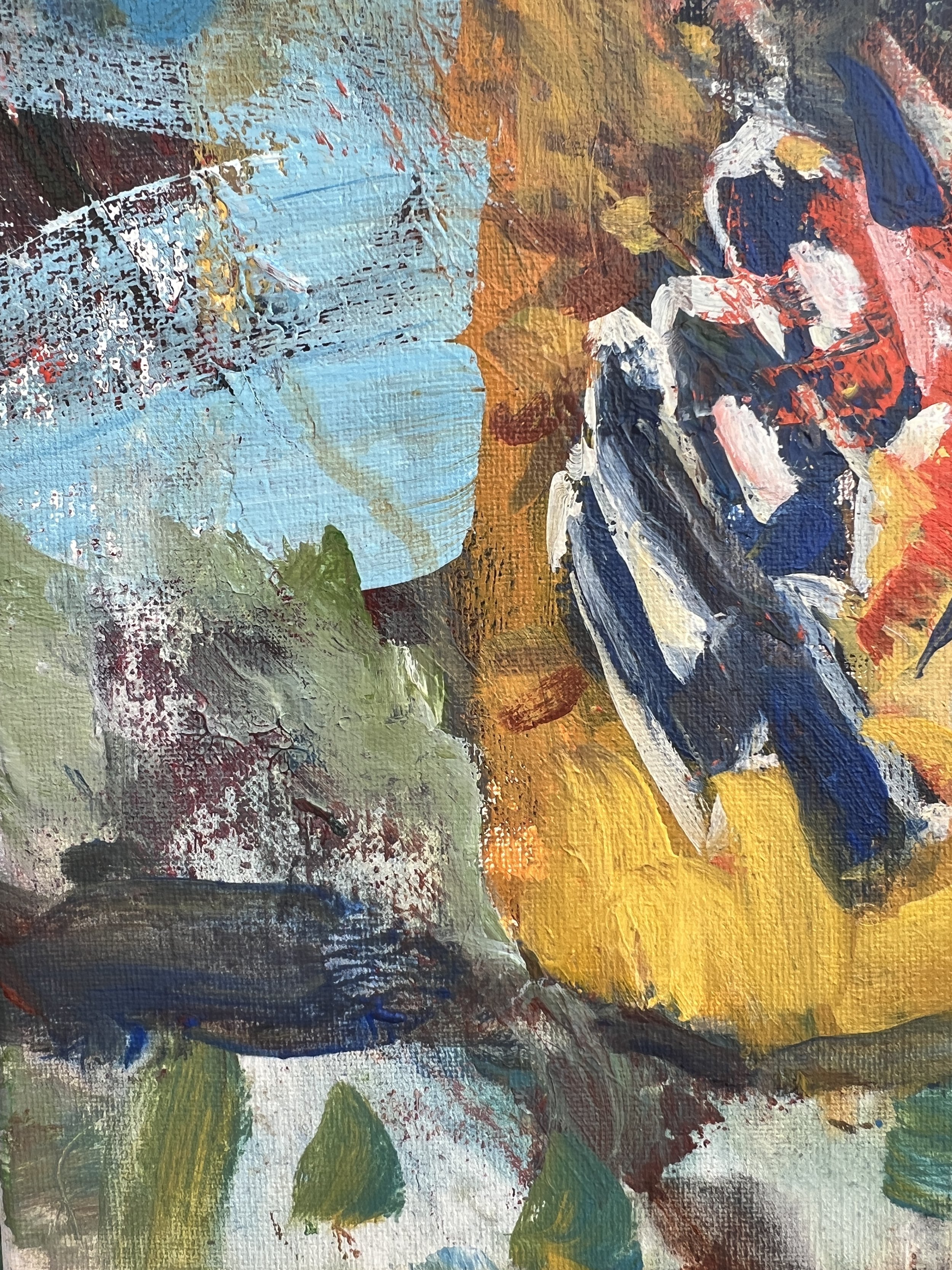 Brushwork detail of Bold expressive Yoo-hoo chocolate drink original painting on canvas