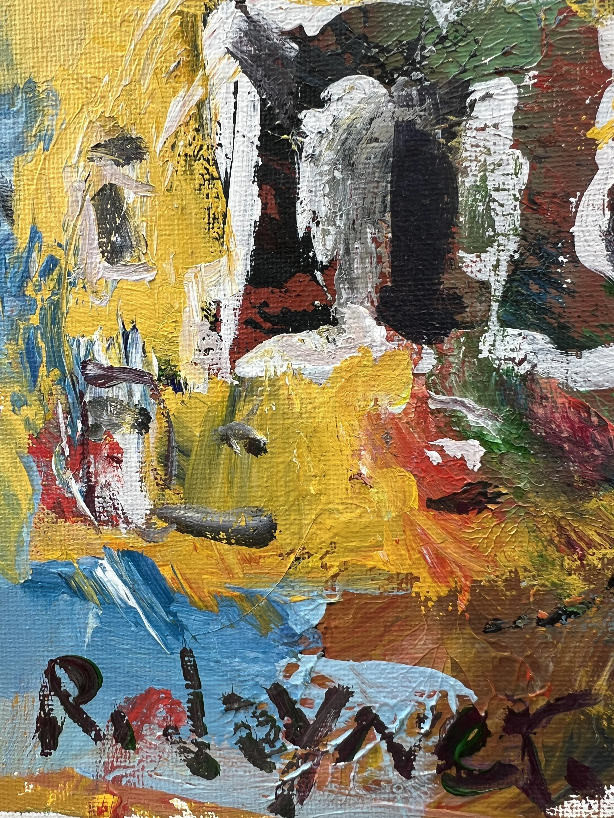 Bold expressive painting of peanut M&M's yellow candy bag with colorful M&Ms, acrylics on 12x9 canvas - close up 4