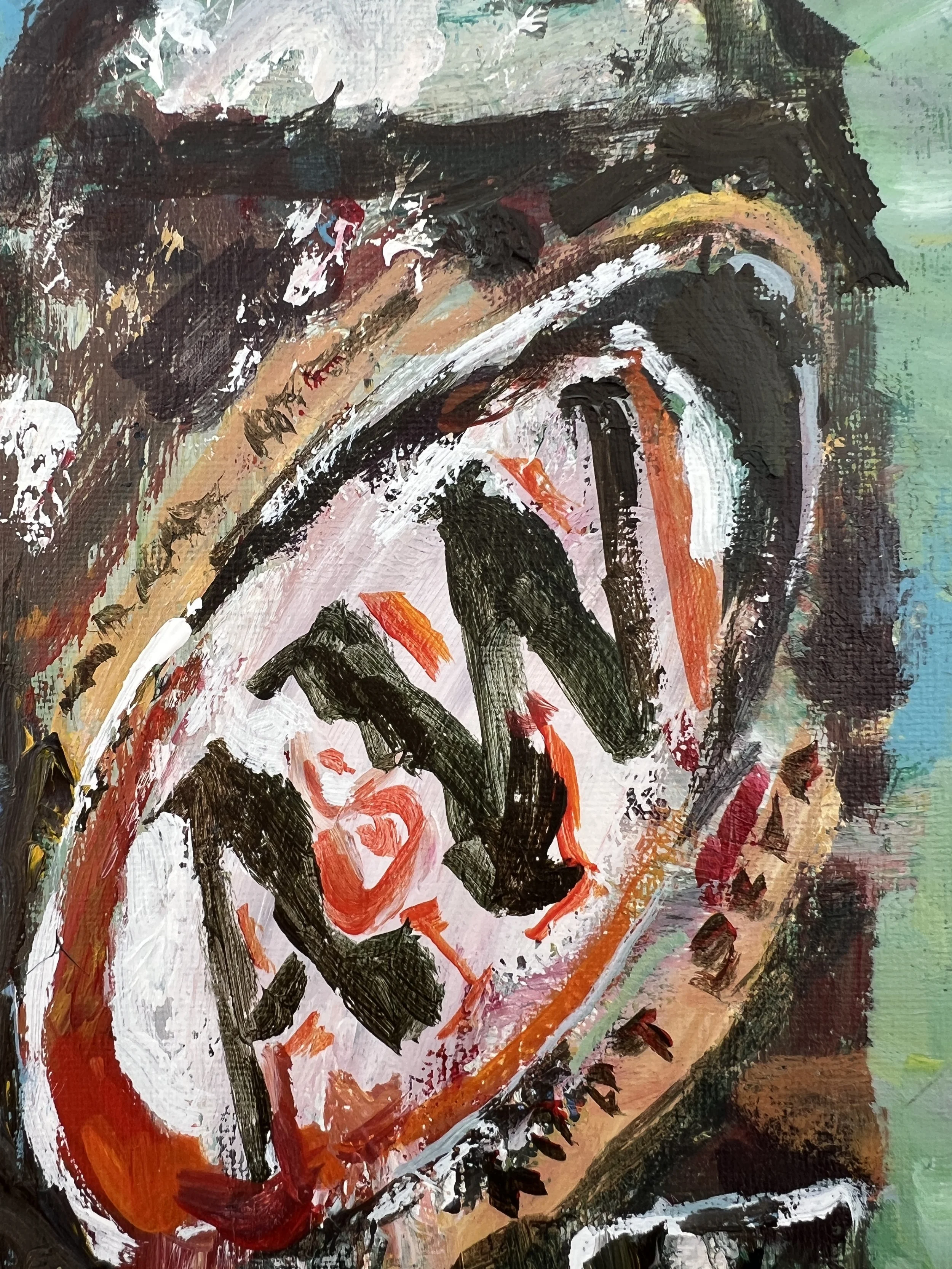 Loose expressive painting of A&W root beer can with bold oval label and textured brushwork, acrylic on 12x9 canvas - close up 2
