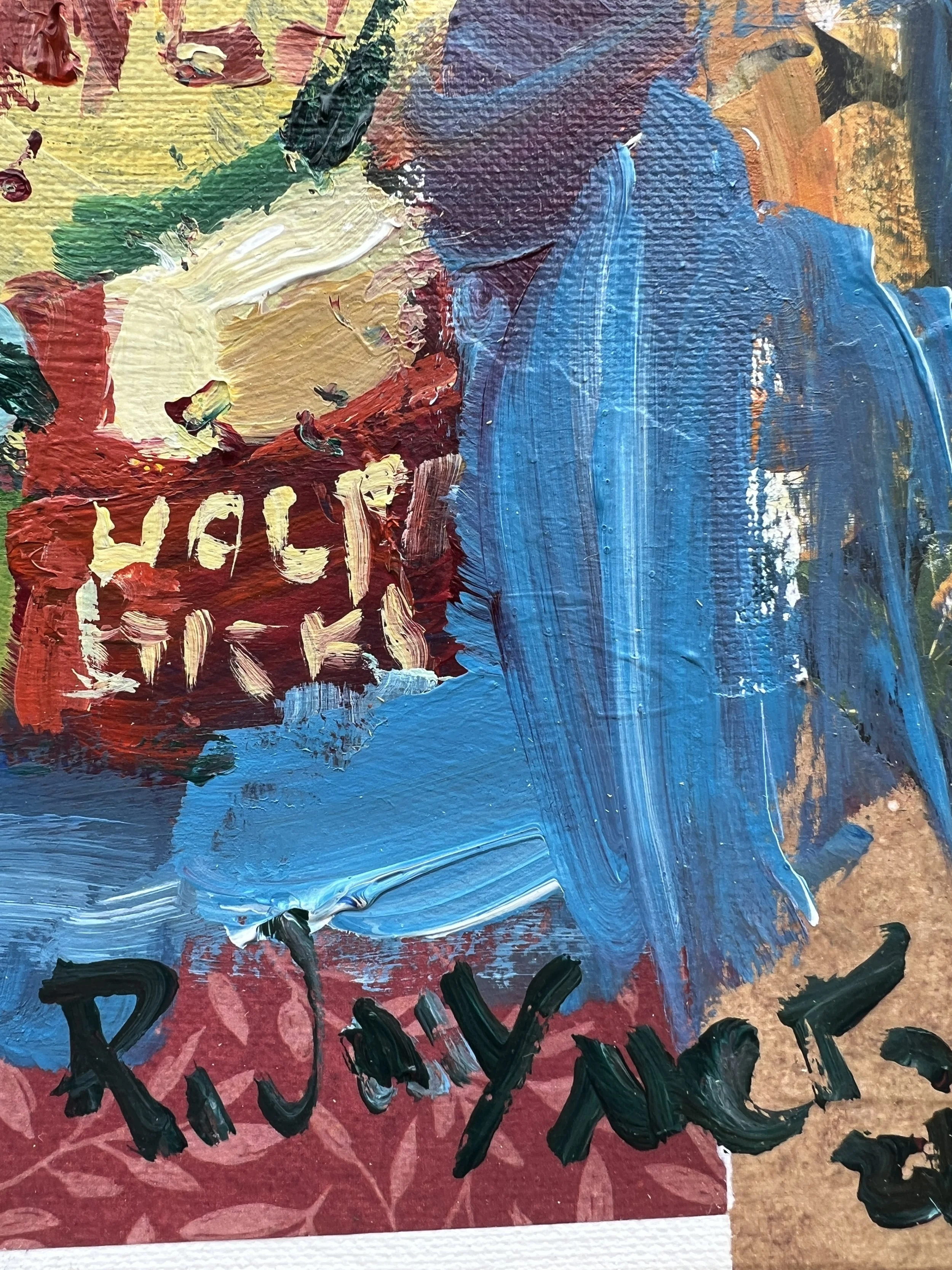 Texture detail of Bold expressive painting of Land O'Lakes yellow butter box with collage elements